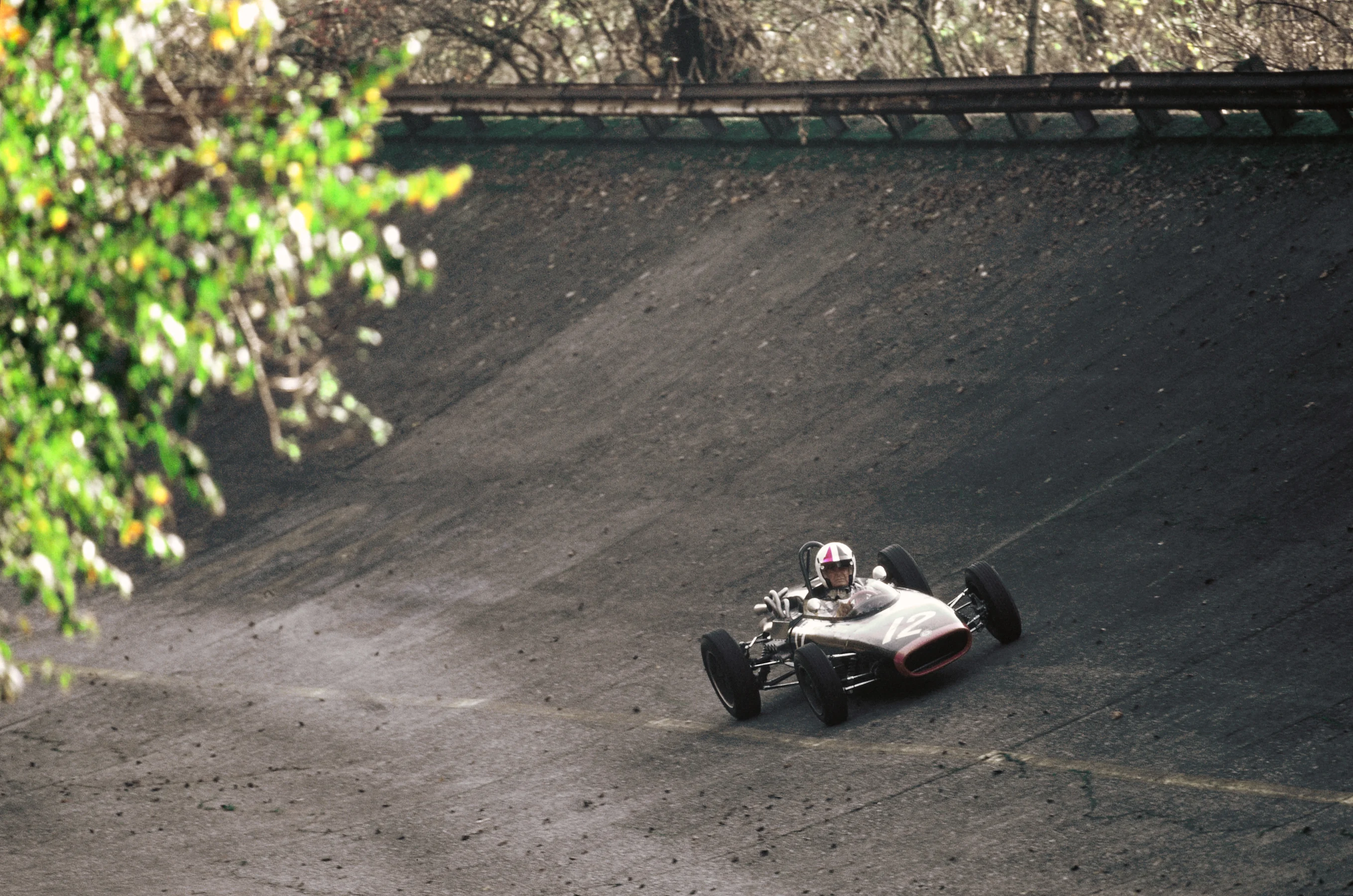 Actor James Garner on the famous banking at Monza during a promotional photo shoot