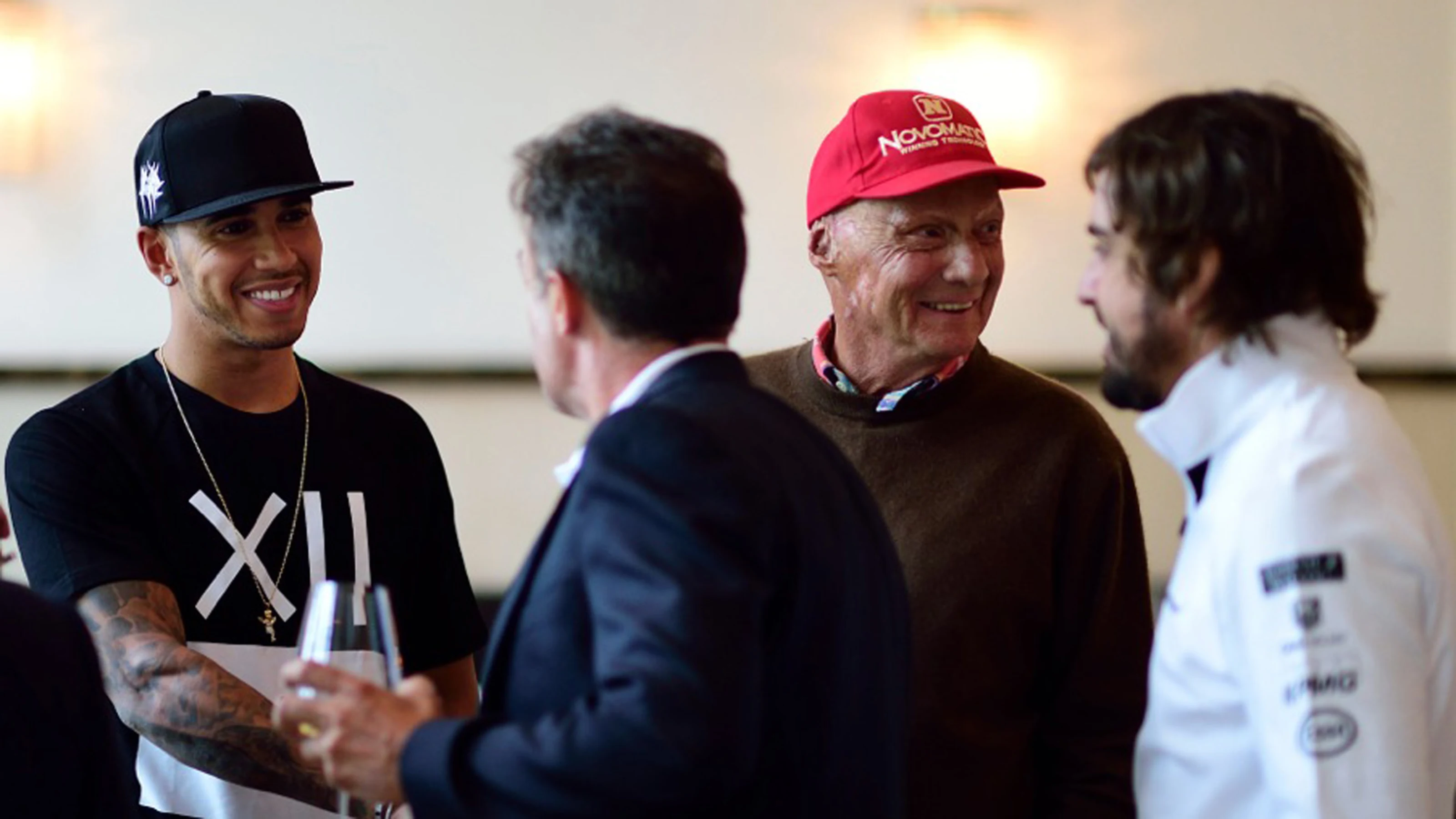 (L to R) Lewis Hamilton, Jean Alesi, Niki Lauda, Fernando Alonso
