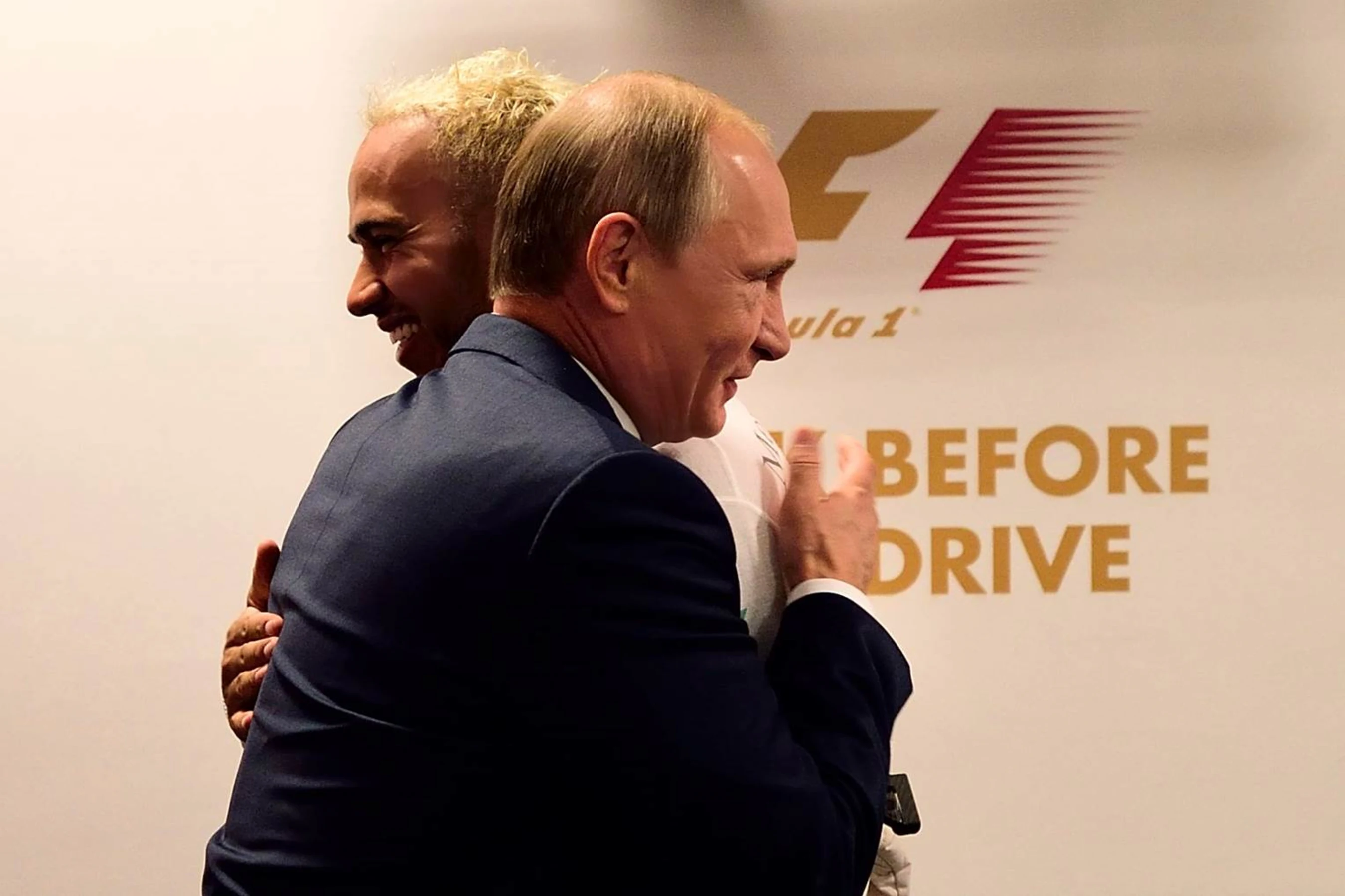 Russian President Vladimir Putin with Mercedes' Lewis Hamilton at the 2015 Formula 1 Russian Grand