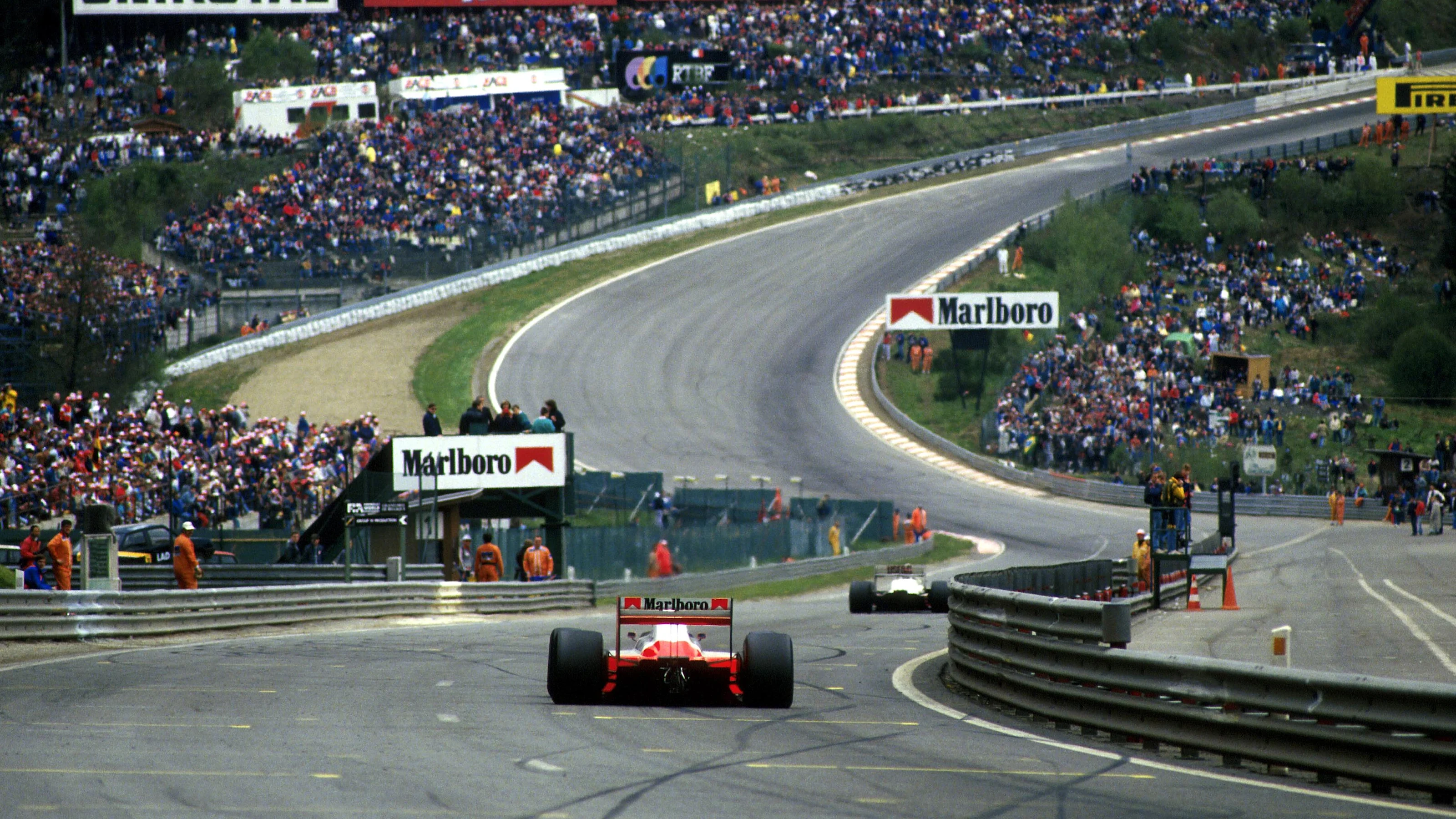 Winner Alain Prost(FRA) Mclaren MP4-3 approaches Eau Rouge  Belgian GP, Spa, 17 May 1987