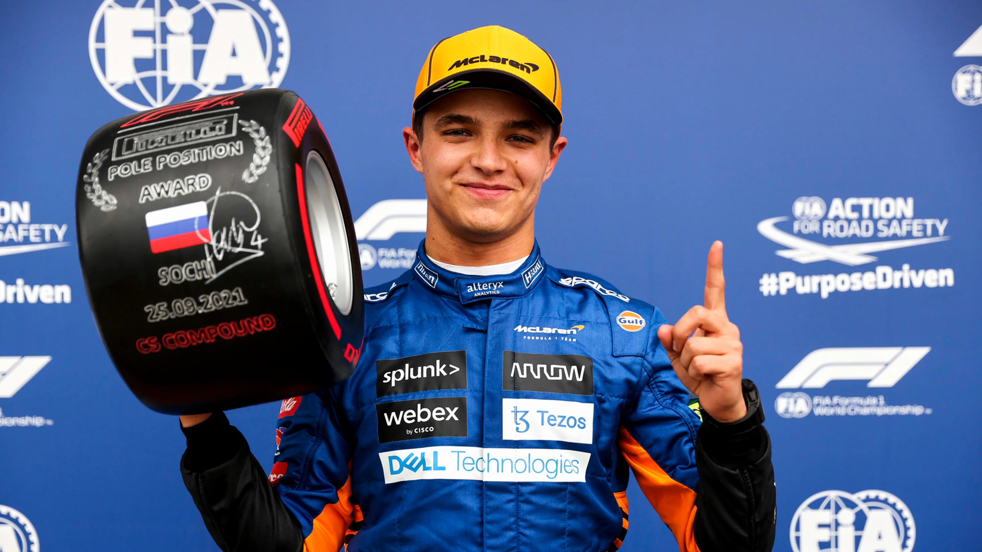 SOCHI AUTODROM, RUSSIAN FEDERATION - SEPTEMBER 25: Pole man Lando Norris, McLaren, with the Pirelli