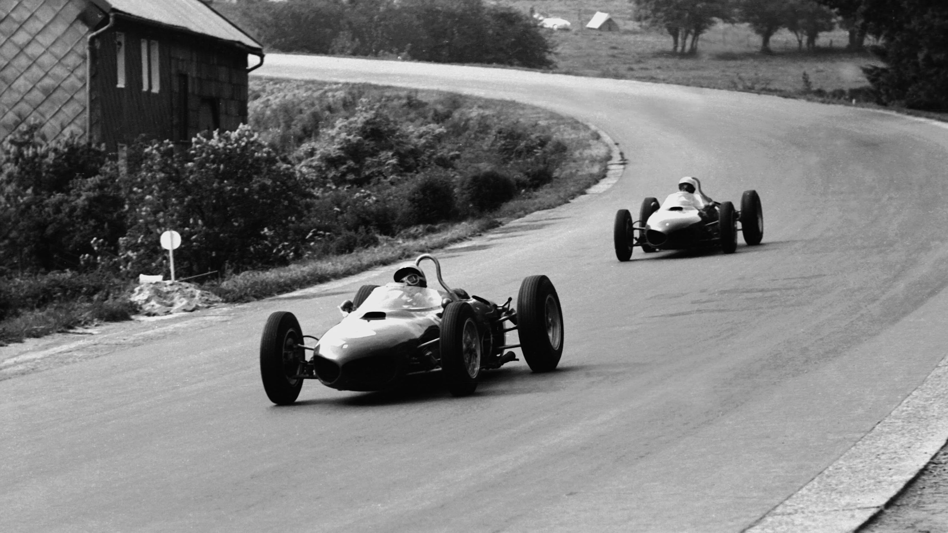 Belgian GP, Spa 17 June 1962 Ricardo Rodriguez(4th) Ferrari 156 leads Phil Hill(3rd) Ferrari 156