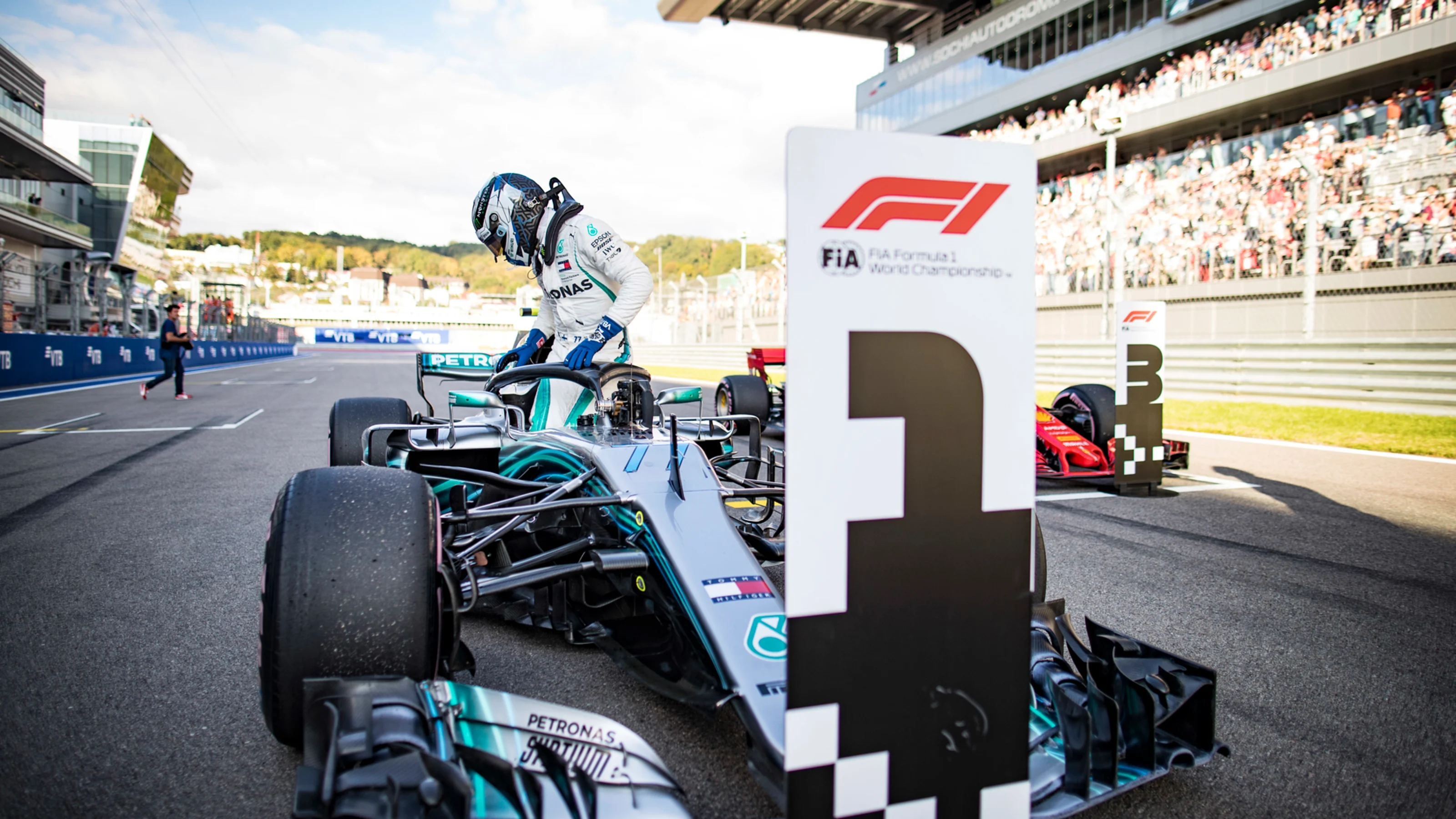 SOCHI AUTODROM, RUSSIAN FEDERATION - SEPTEMBER 29: Valtteri Bottas, Mercedes AMG F1, arrives on the