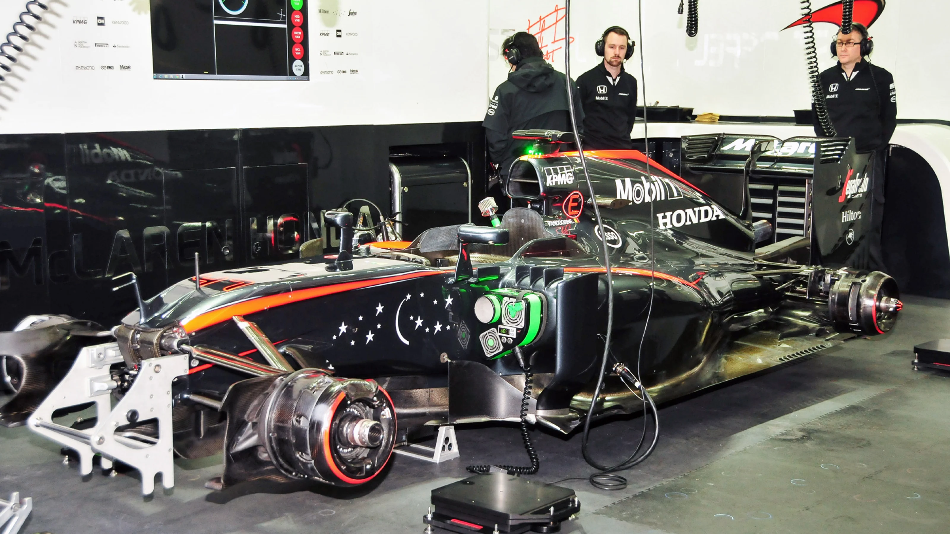McLaren MP4-30 in the garage at Pirelli Formula One Wet Test, Day One, Paul Ricard, France, 25