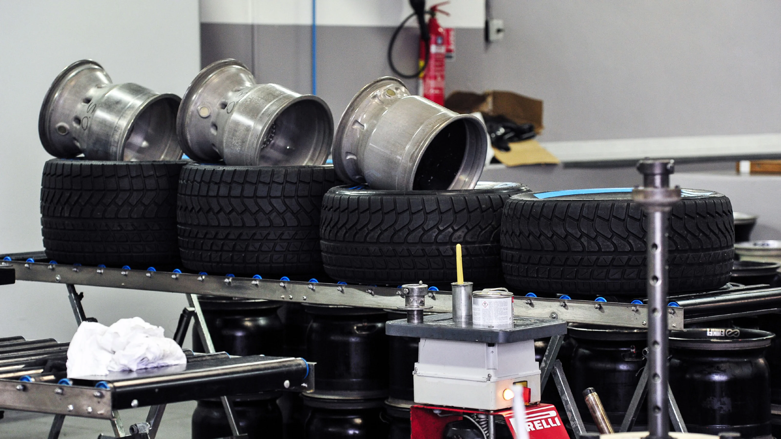 Pirelli tyres and wheel rims at Pirelli Formula One Wet Test, Day One, Paul Ricard, France, 25