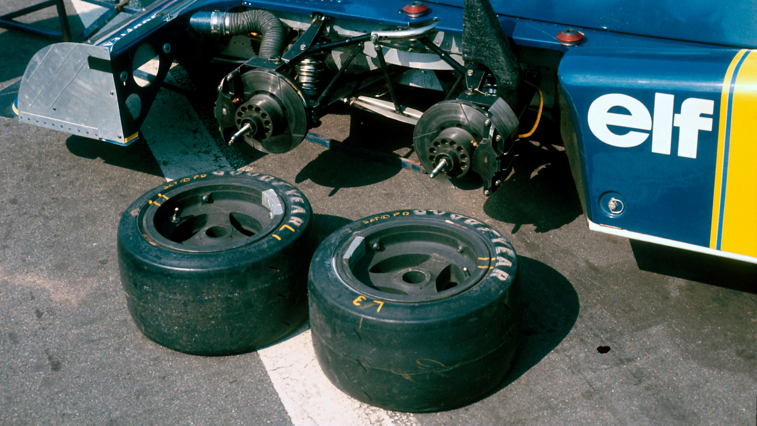 Brands Hatch, England. 16th - 18th July 1976. The front two wheels of the Tyrrell P34 Ford in the