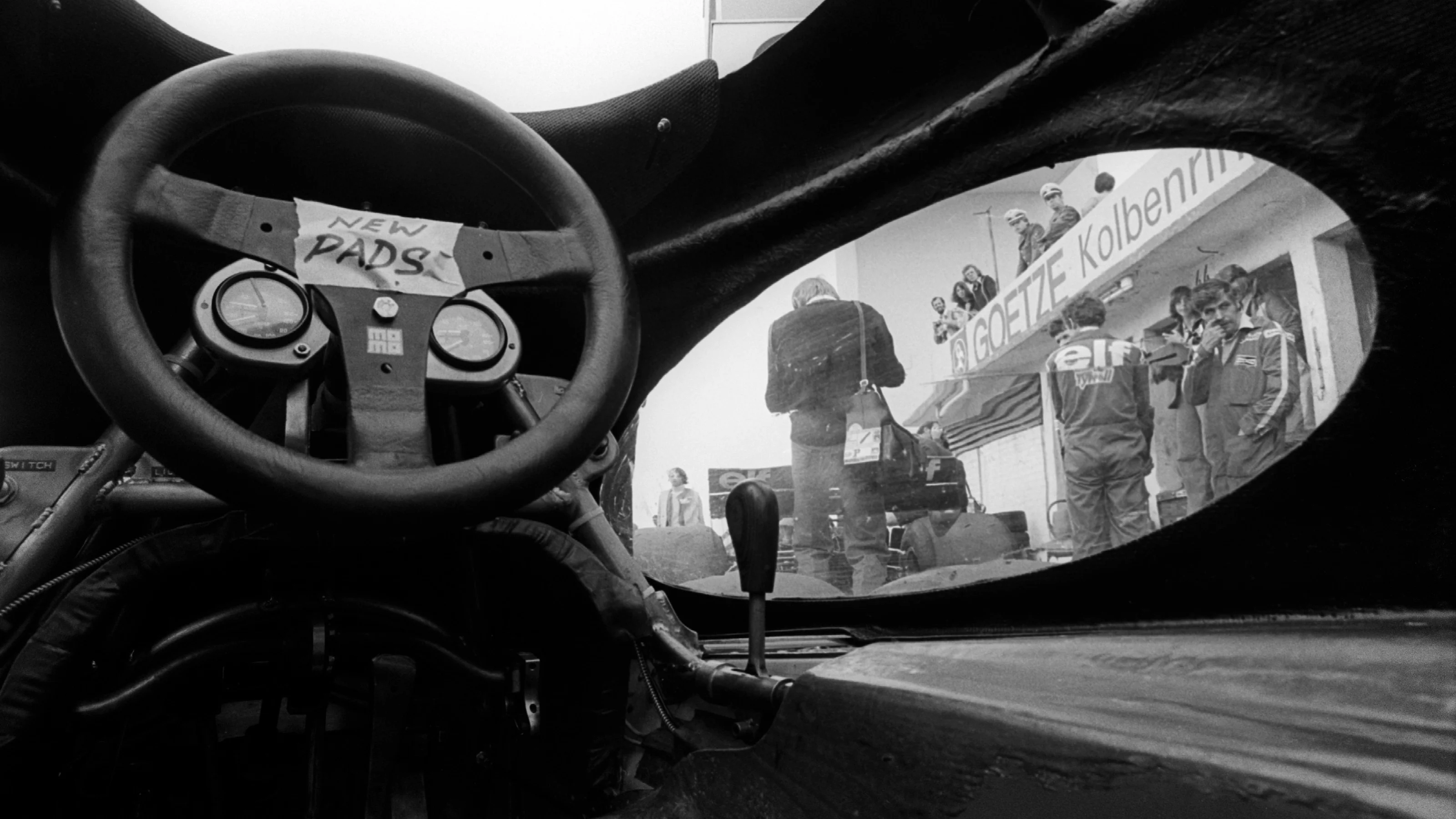 A view from inside the cockpit of the six-wheeled Tyrrell P34 which had clear cut-outs incorporated