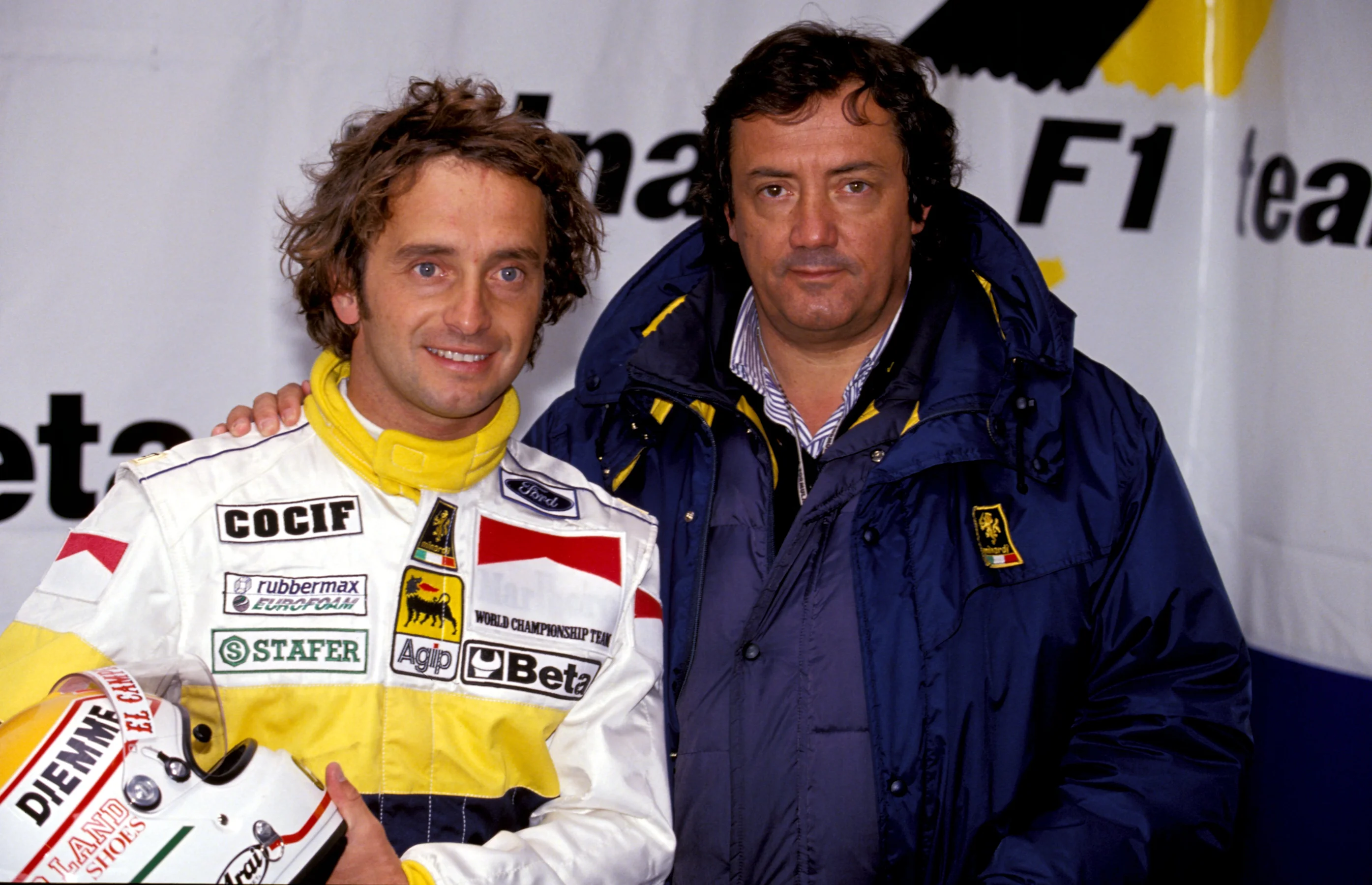 Pierluigi Martini (ITA), left, with Minardi Ford team owner Gian Carlo Minardi (ITA),