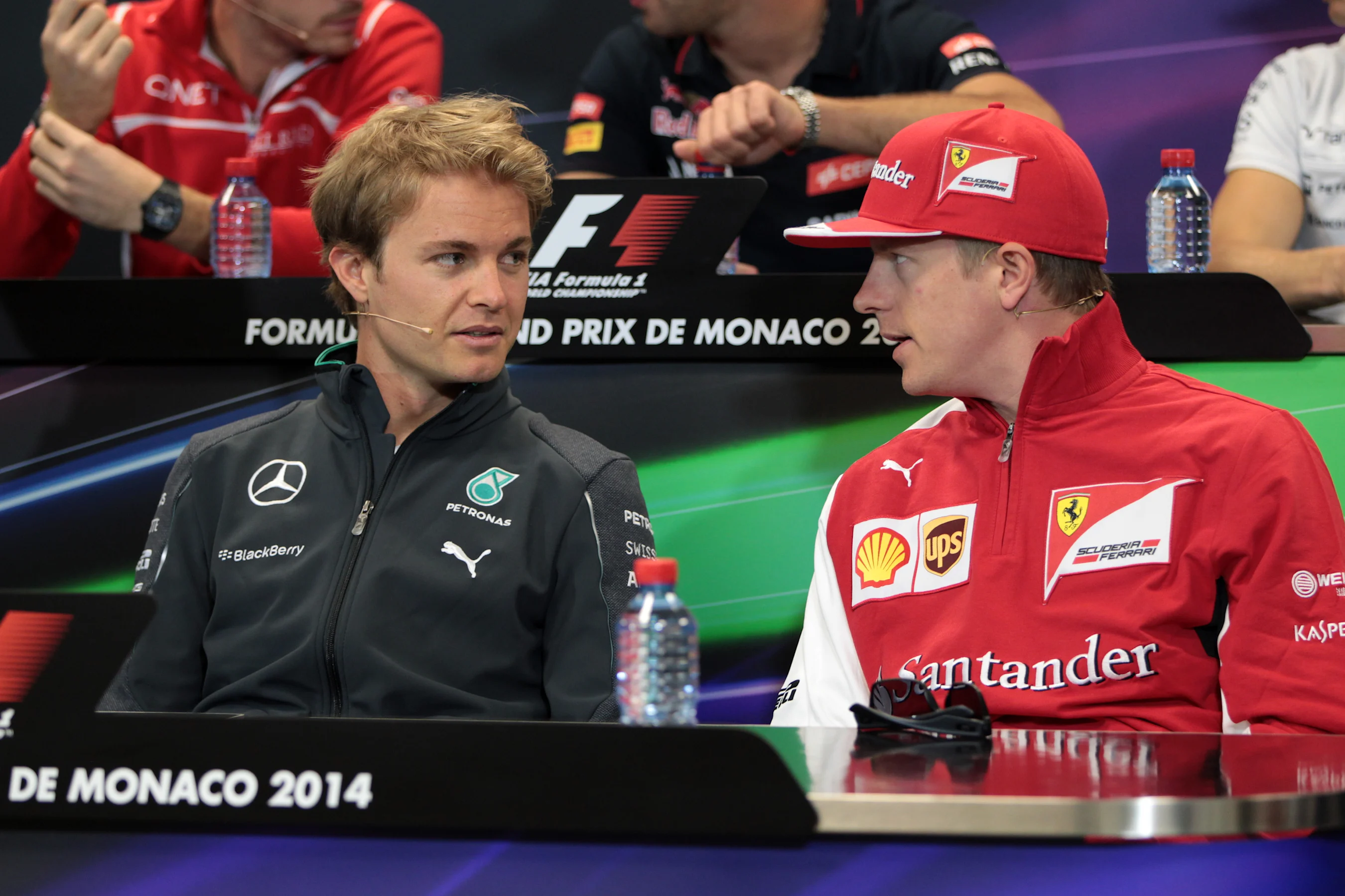 Nico Rosberg (GER) Mercedes AMG F1 and Kimi Raikkonen (FIN) Ferrari in the Press Conference.