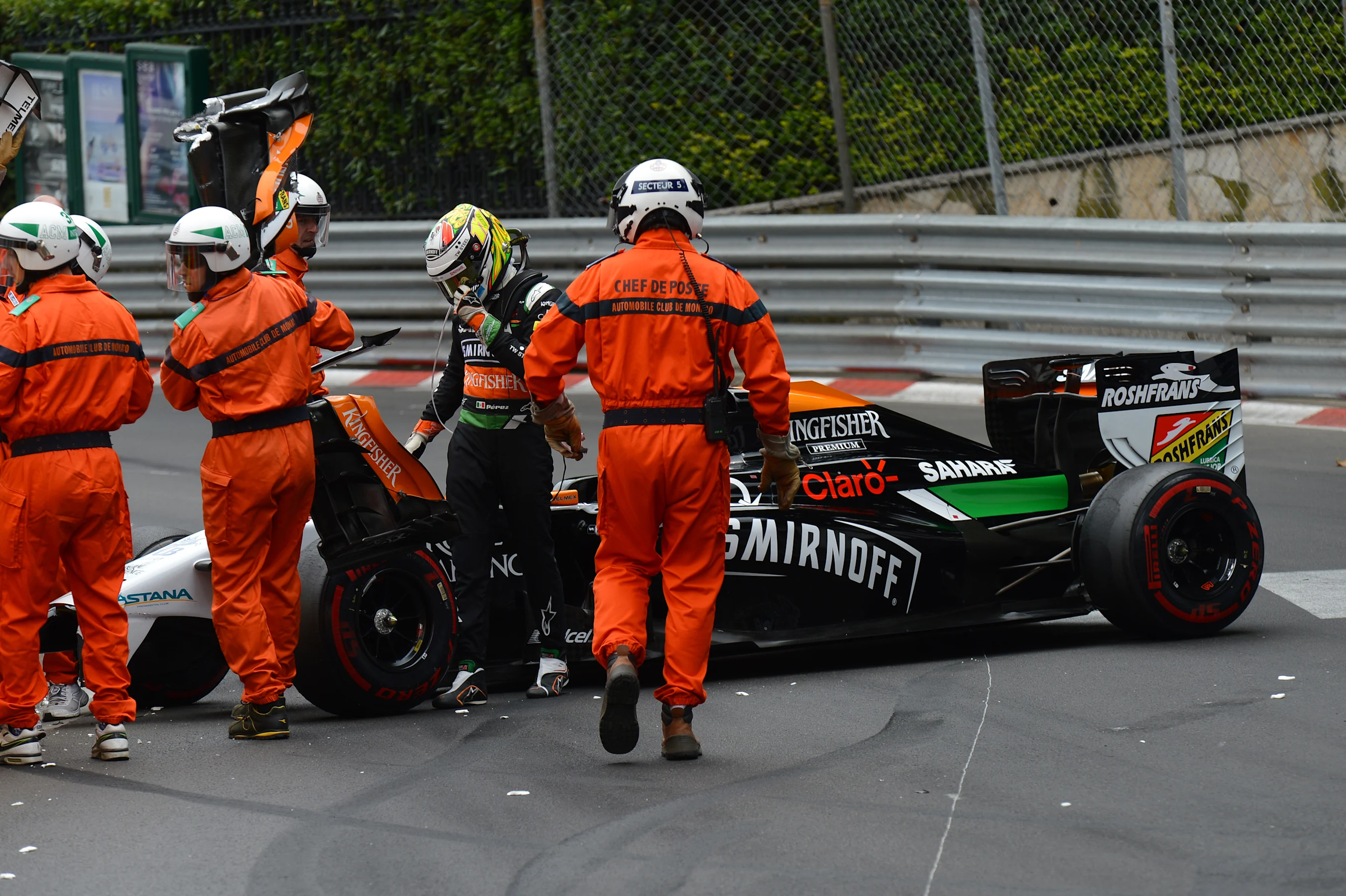 Sergio Perez (MEX) Force India VJM07 crashes on lap one. Formula One World Championship, Rd6,