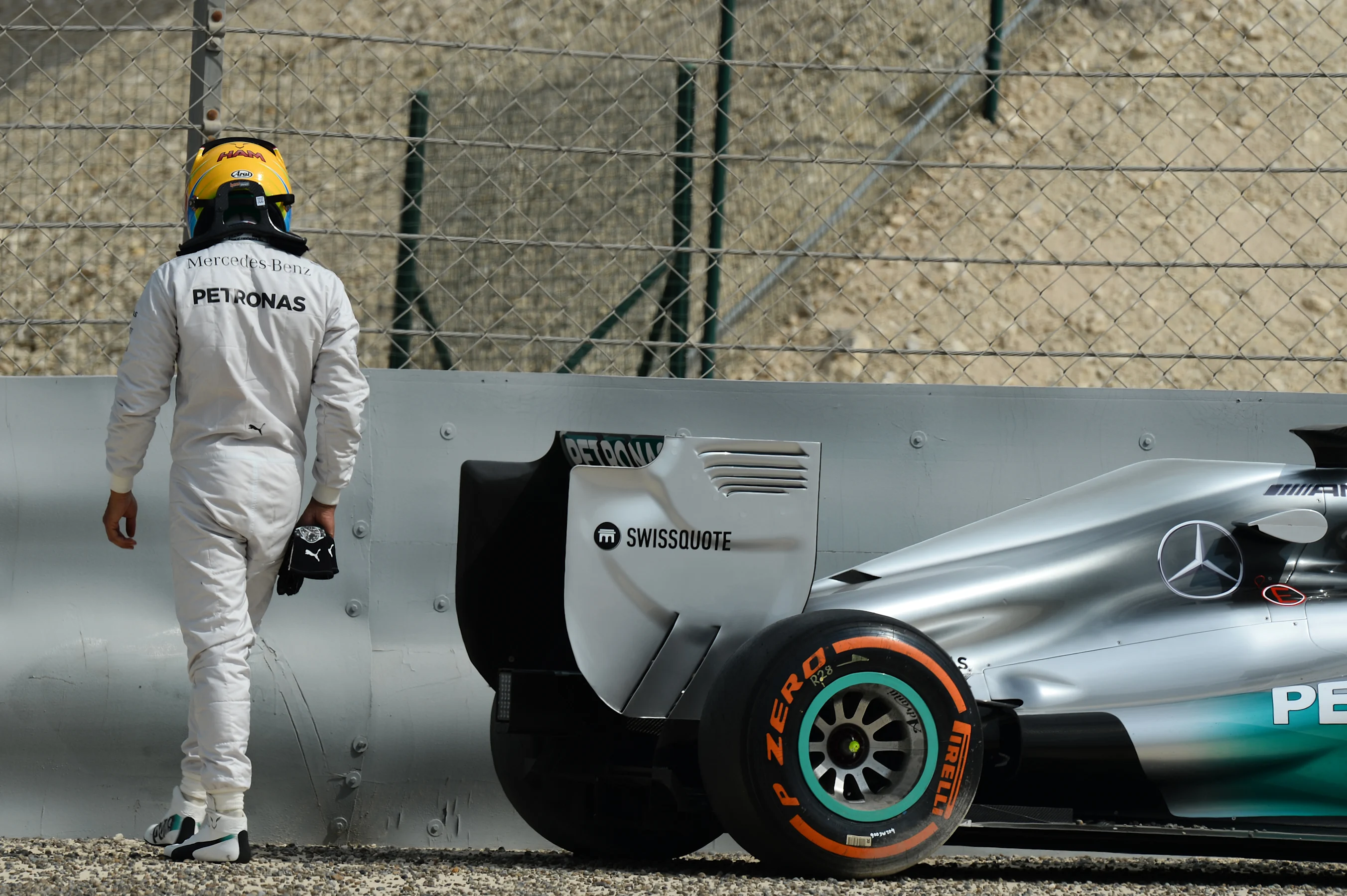 Lewis Hamilton (GBR) Mercedes AMG F1 W05 stops on track in the gravel.Formula One Testing, Day Two,