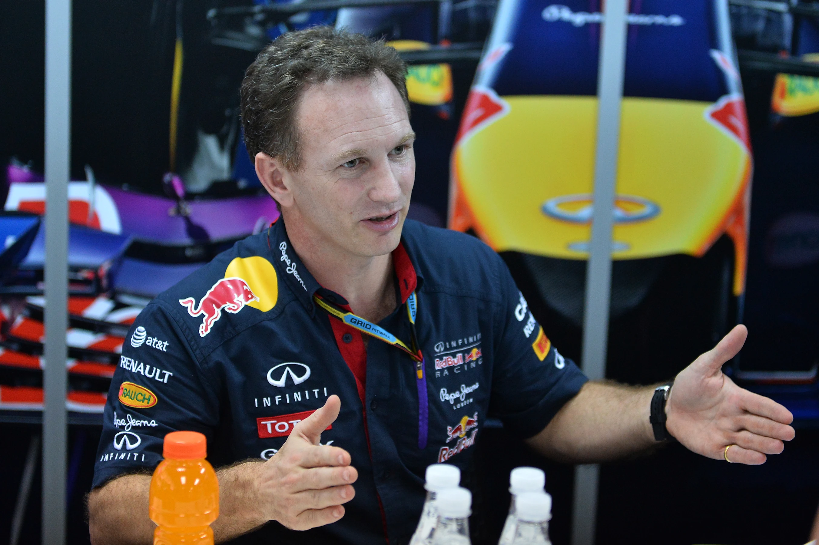 Christian Horner (GBR) Red Bull Racing Team Principal talks with the media. Formula One World