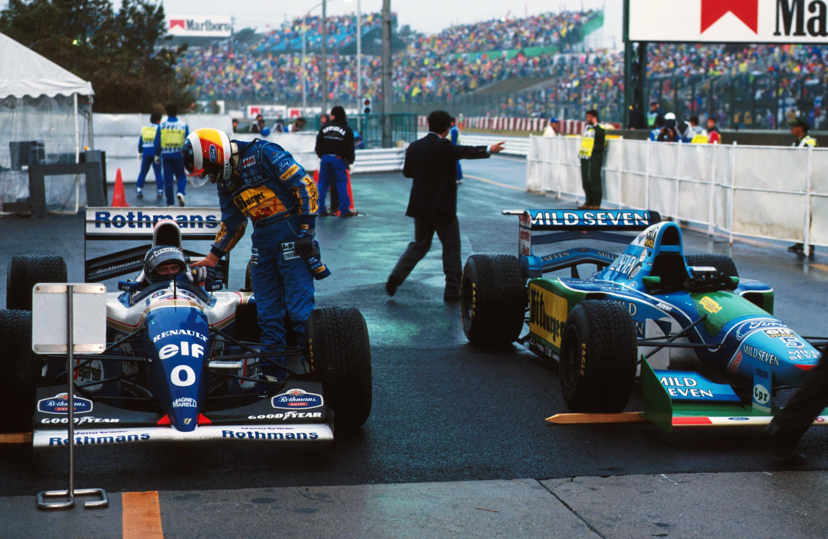 Michael Schumacher congratulates Damon Hill on his victory that narrowed the Championship battle to