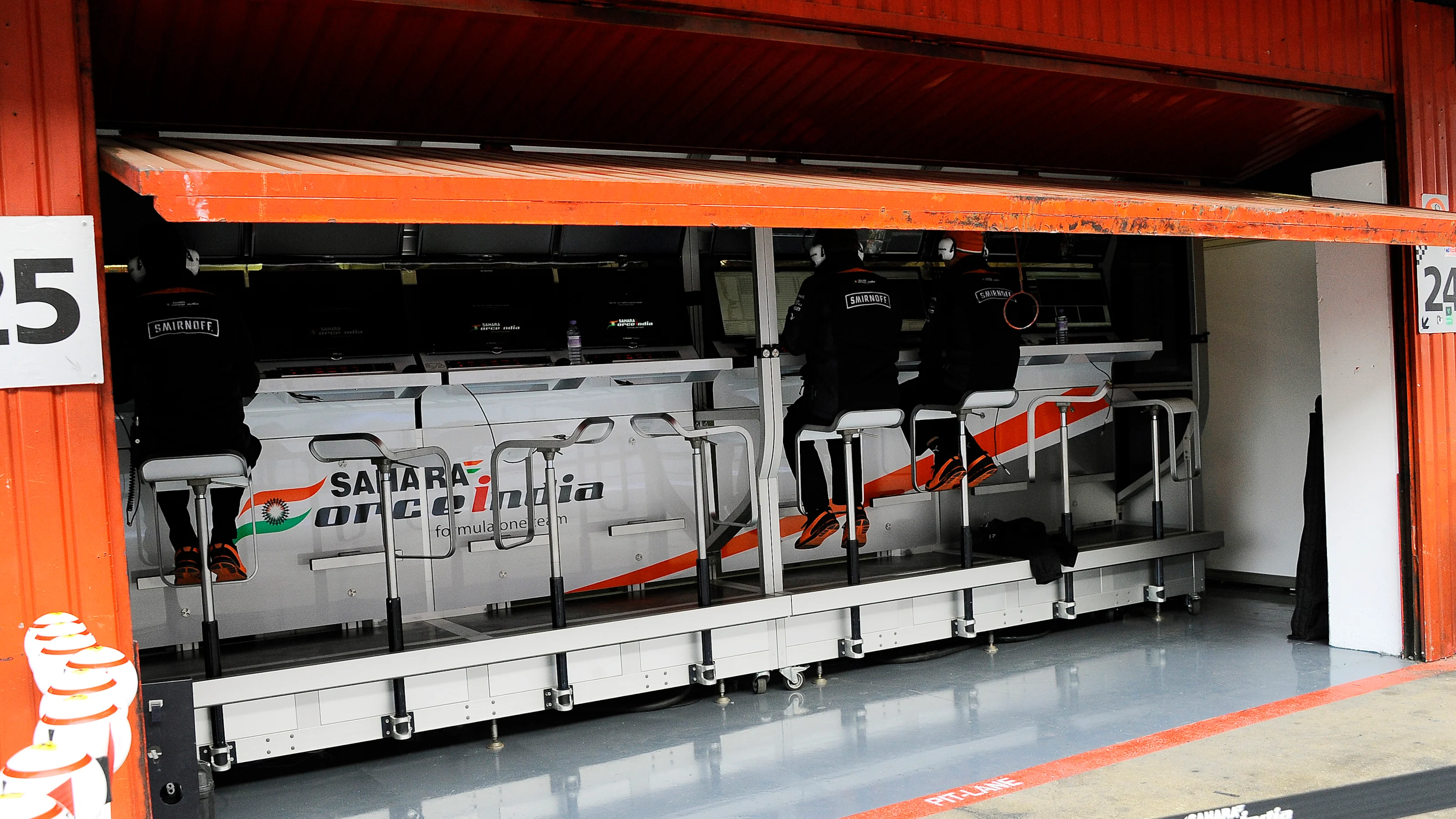 Force India pit wall gantry in the garage at Formula One Testing, Day Two, Barcelona, Spain,