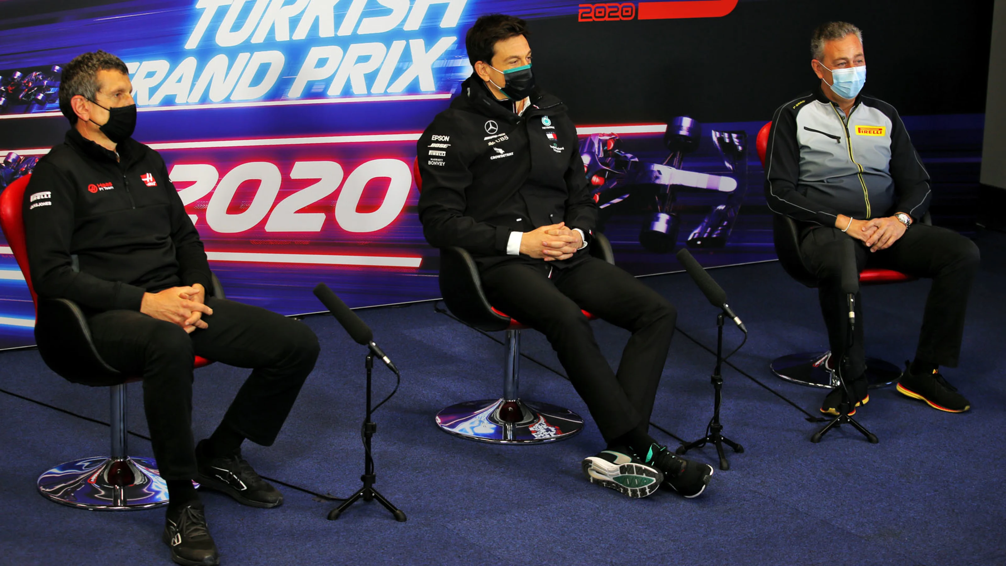 The FIA Press Conference (L to R): Guenther Steiner (ITA) Haas F1 Team Prinicipal; Toto Wolff (GER)