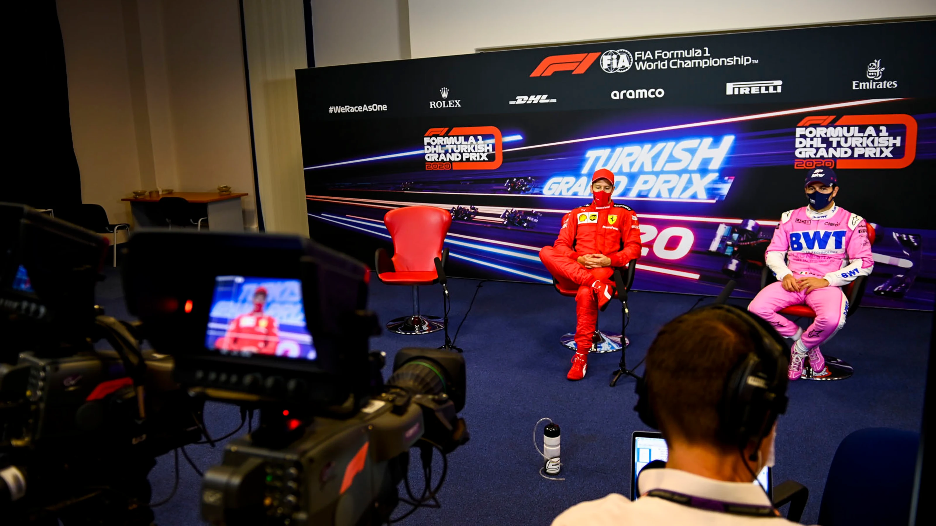 Sebastian Vettel, Ferrari and Sergio Perez, Racing Point in the press conference