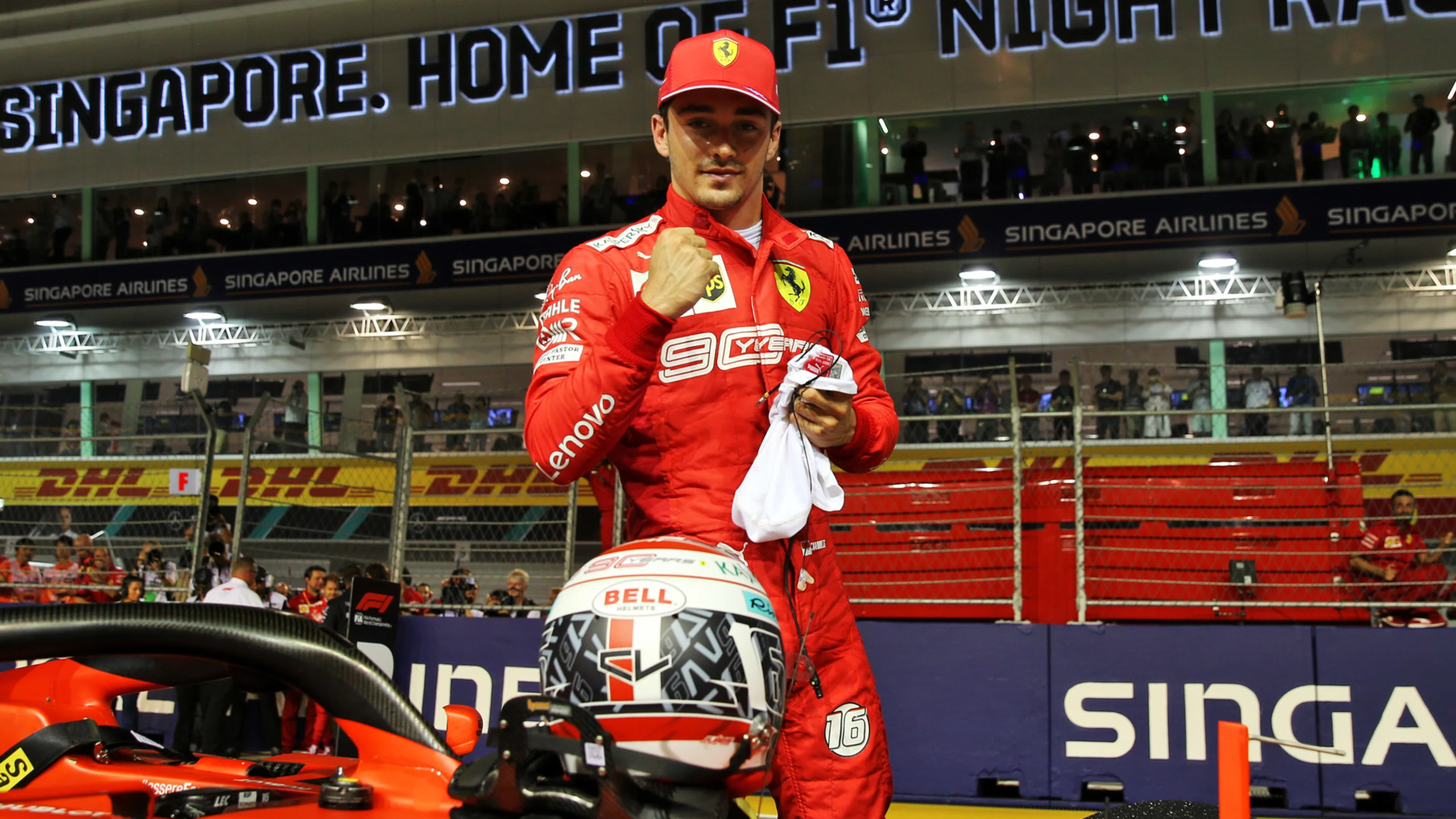 Charles Leclerc (MON) Ferrari SF90 celebrates his pole position in qualifying parc