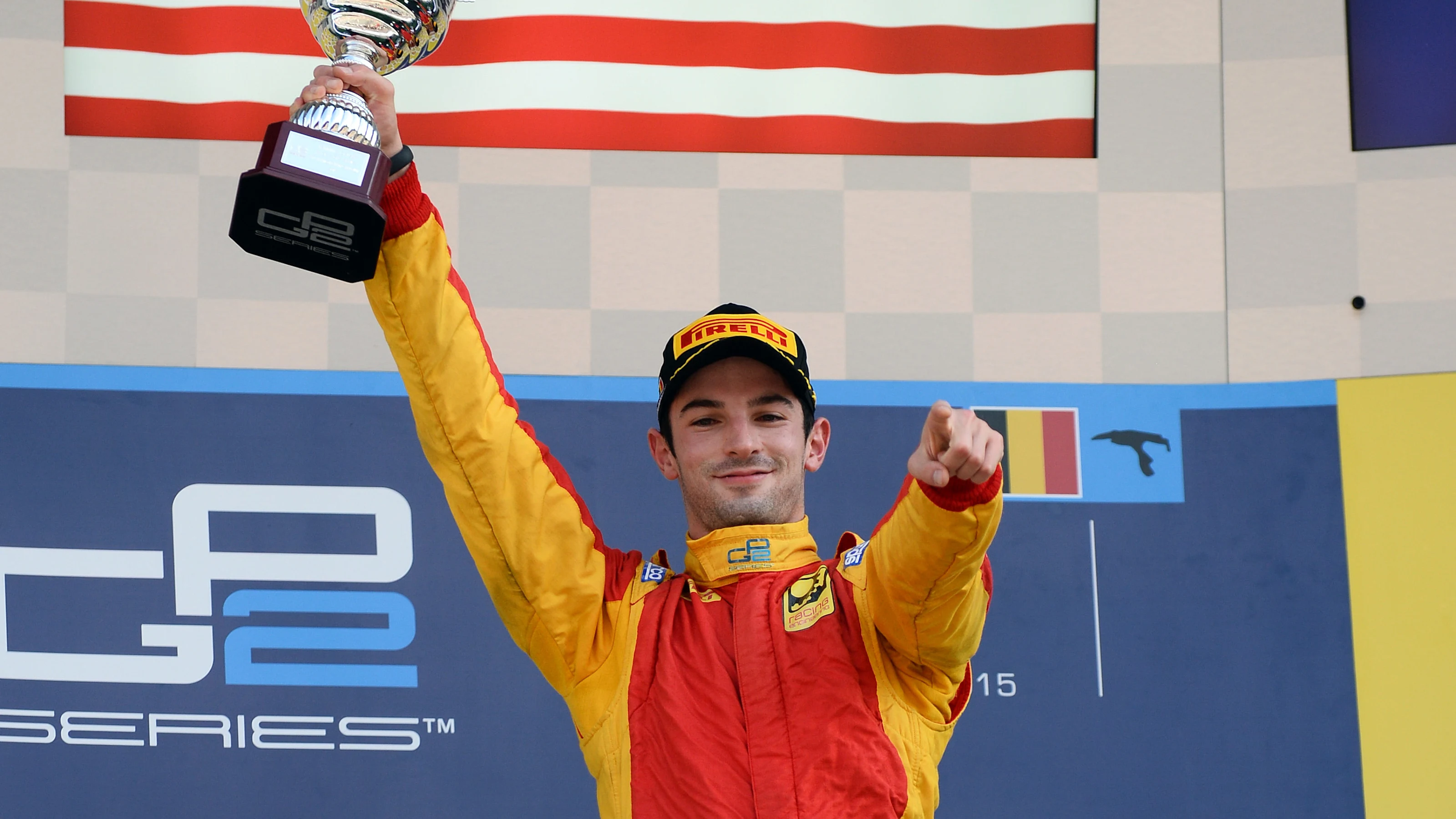 Race two race winner Alexander Rossi (USA) Racing Engineering celebrates on the podium at GP2