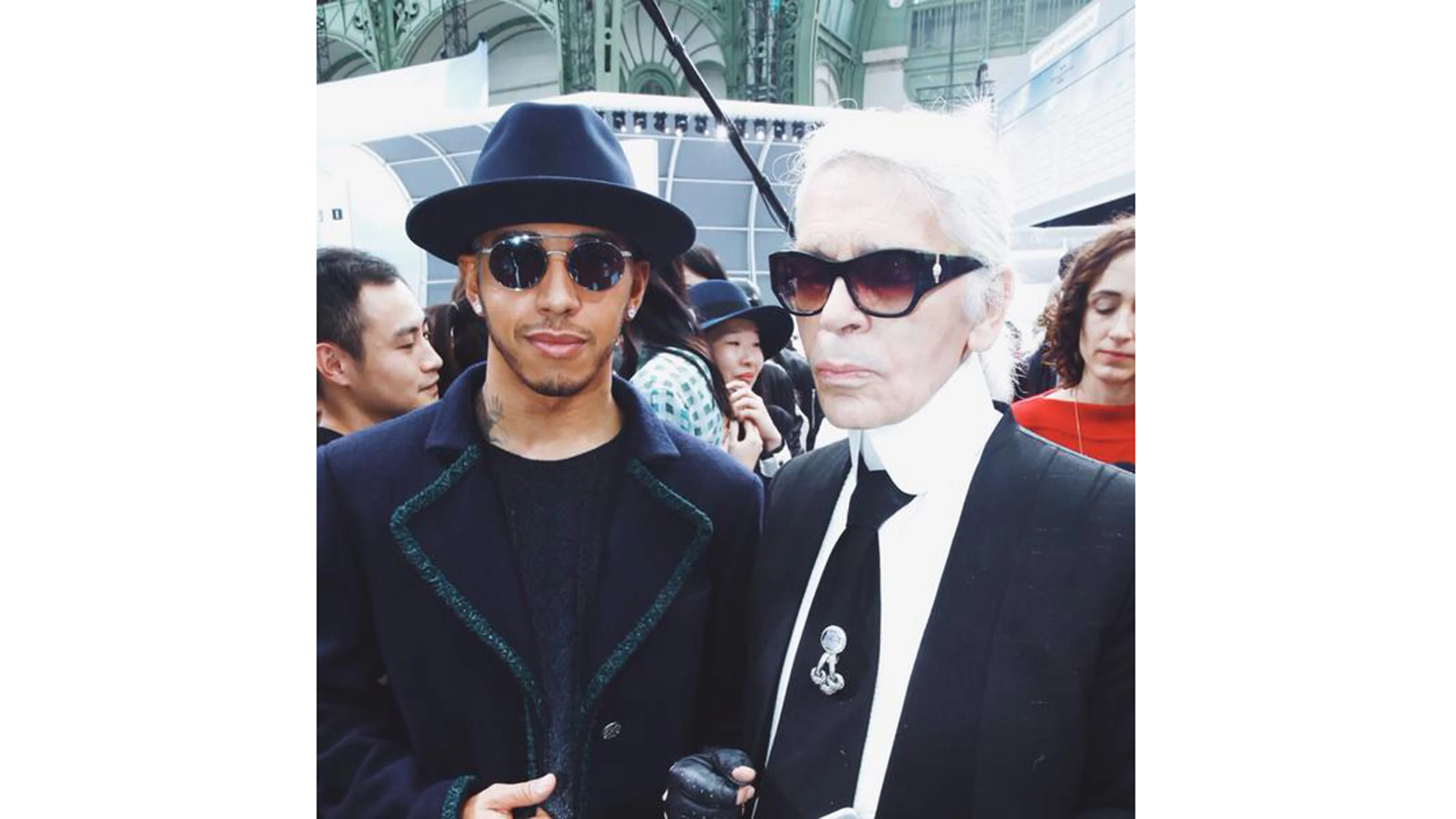 Mercedes' Lewis Hamilton with legendary fashion designer Karl Lagerfeld