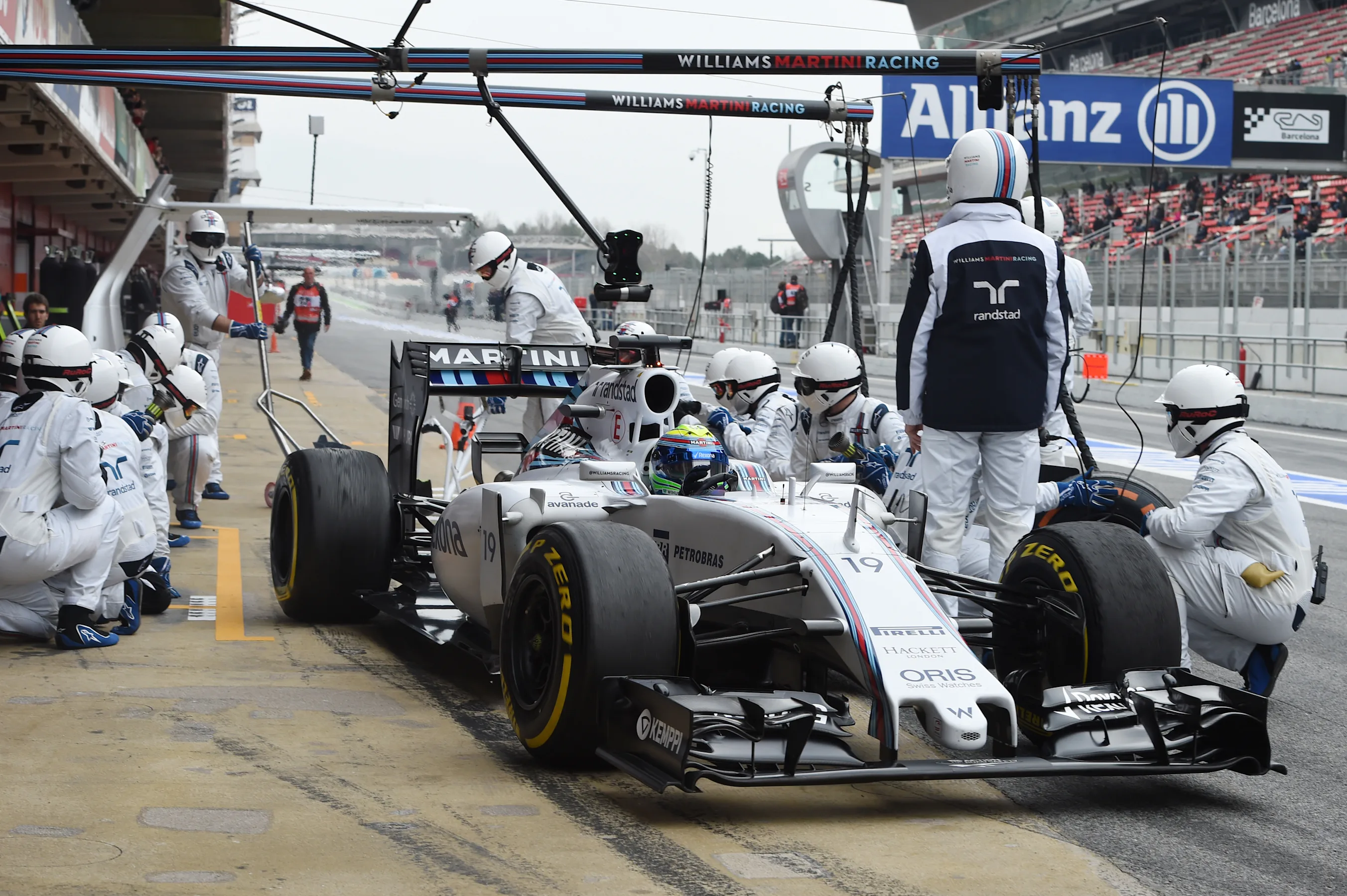 Williams F1 team pit stop practice at Formula One Testing, Day Three, Barcelona, Spain, 21 February