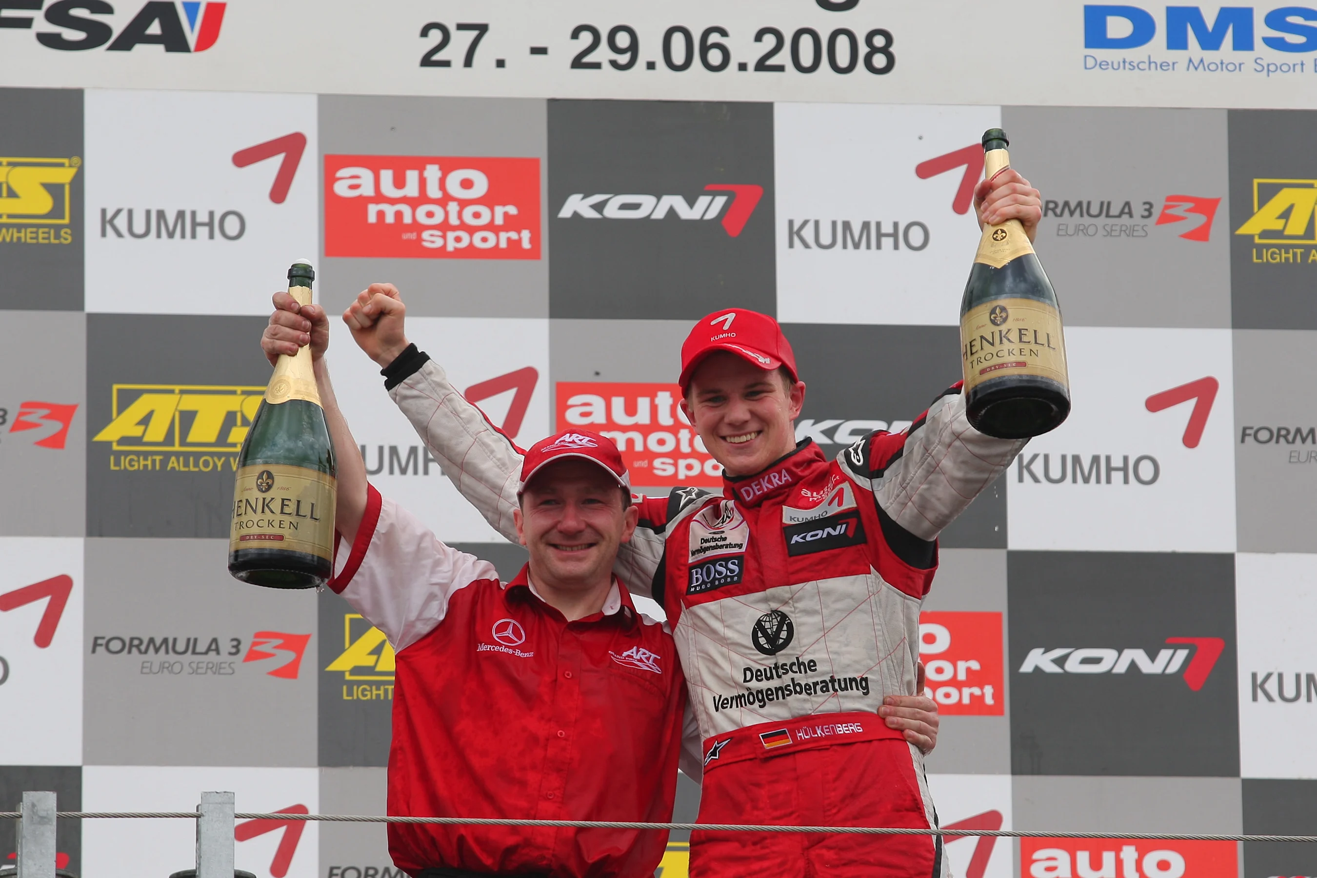 Race 1 winner Nico Hulkenberg (GER) ART Grand Prix, right, on the podium. Formula Three