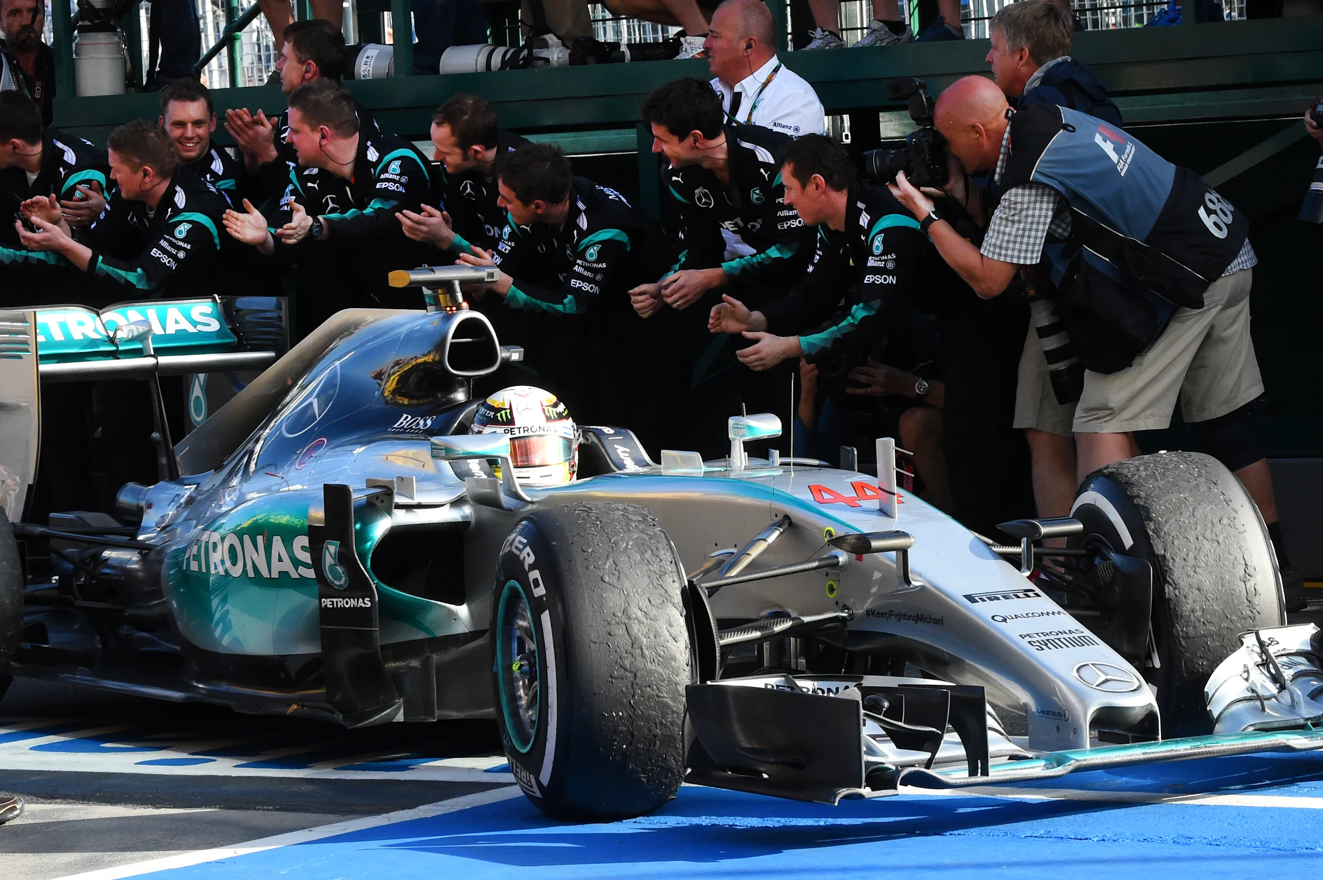 Race winner Lewis Hamilton (GBR) Mercedes AMG F1 W06 arrives in parc ferme at Formula One World