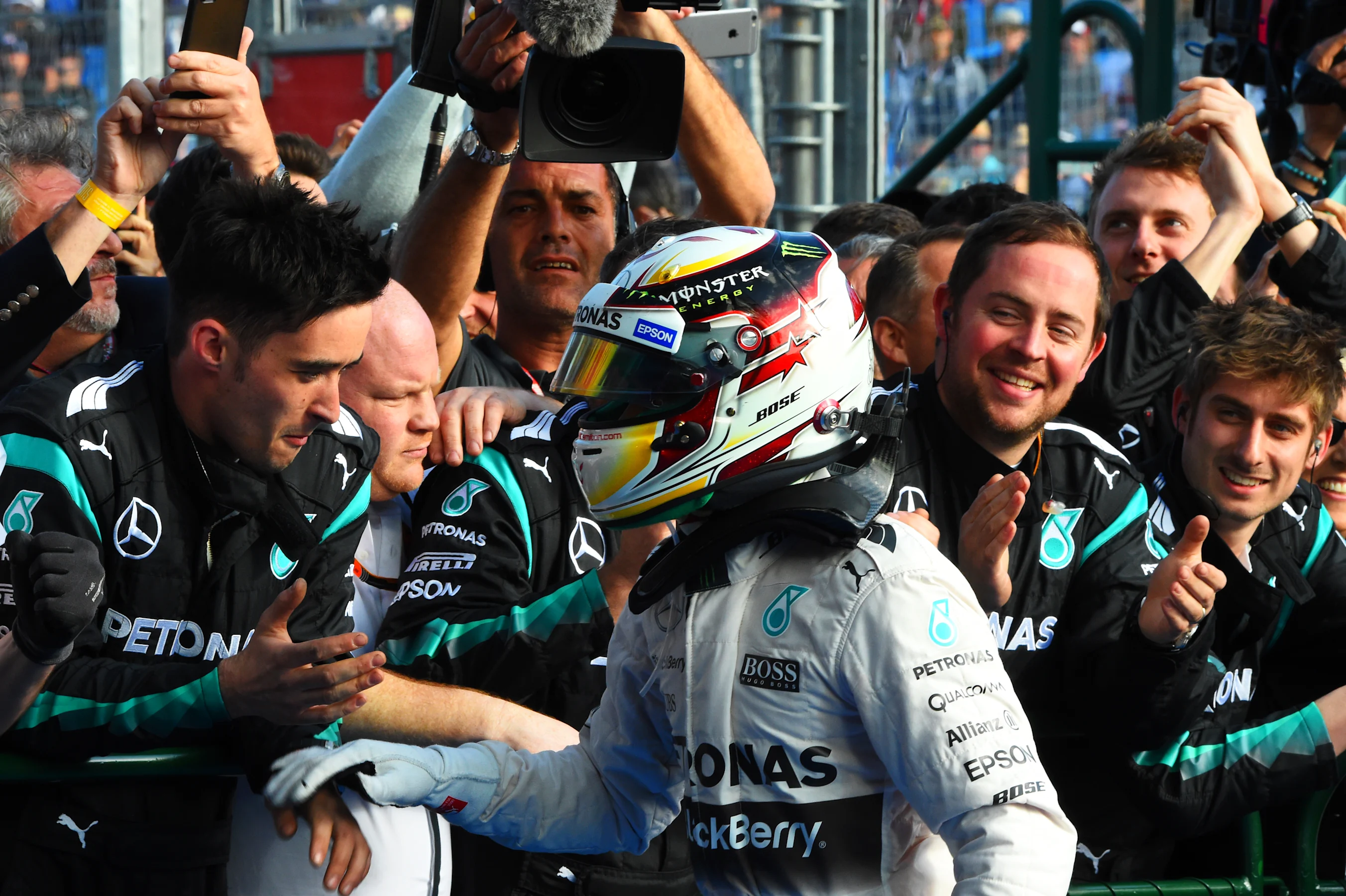 Race winner Lewis Hamilton (GBR) Mercedes AMG F1 celebrates in parc ferme at Formula One World