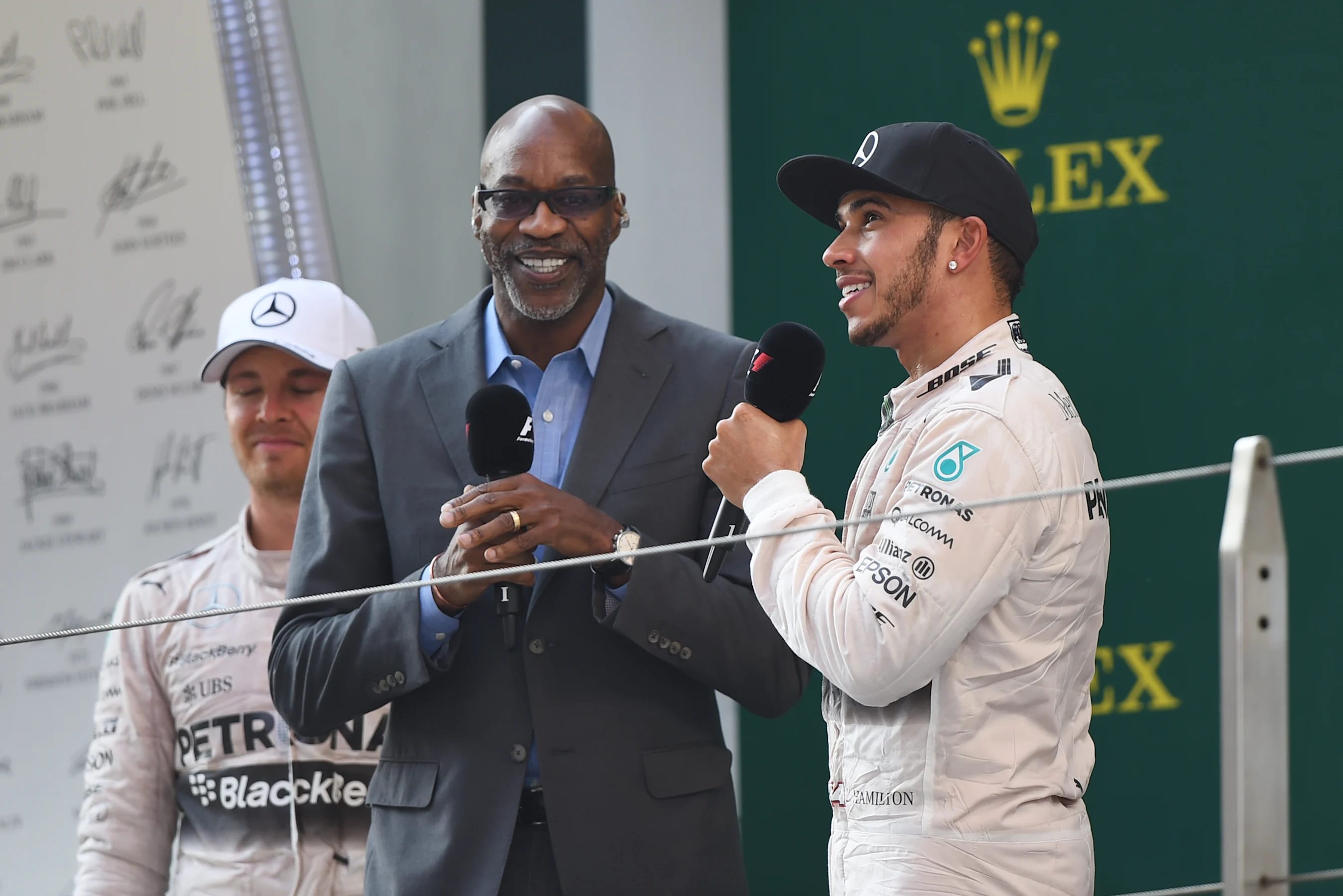 Ed Moses (USA) Legendary 400 meter runner talks to Lewis Hamilton (GBR) Mercedes AMG F1 on the