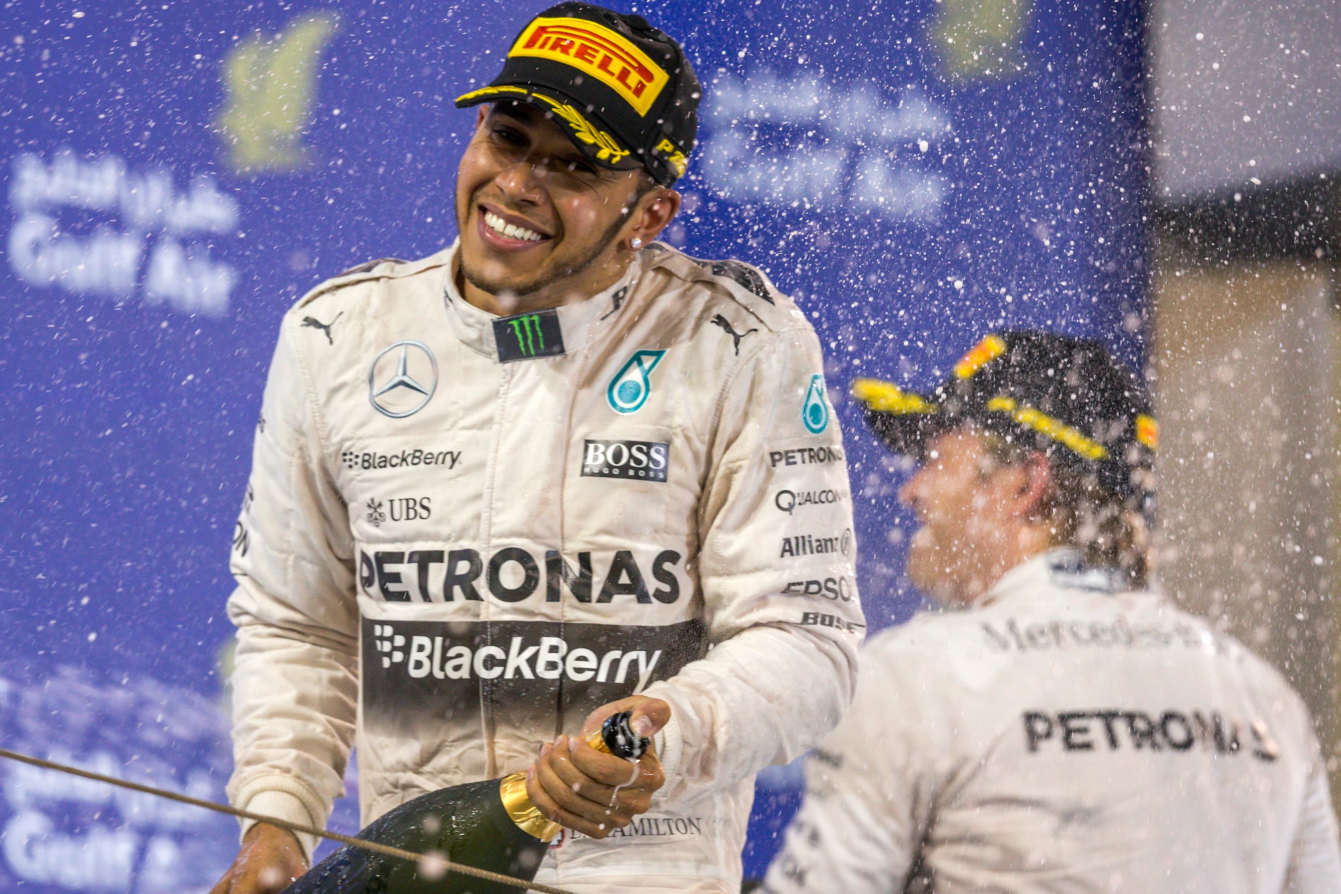 Lewis Hamilton (GBR) Mercedes AMG F1 and Nico Rosberg (GER) Mercedes AMG F1 celebrates on the
