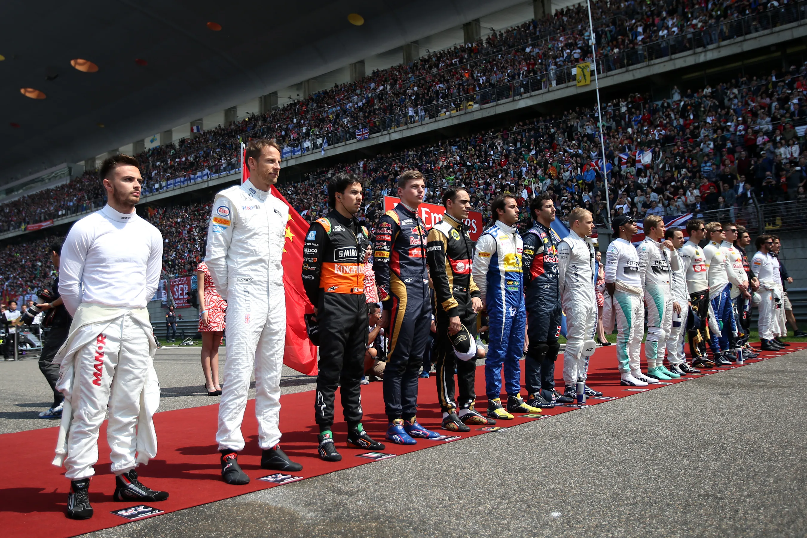 Drivers observe the National Anthem on the grid at Formula One World Championship, Rd3, Chinese