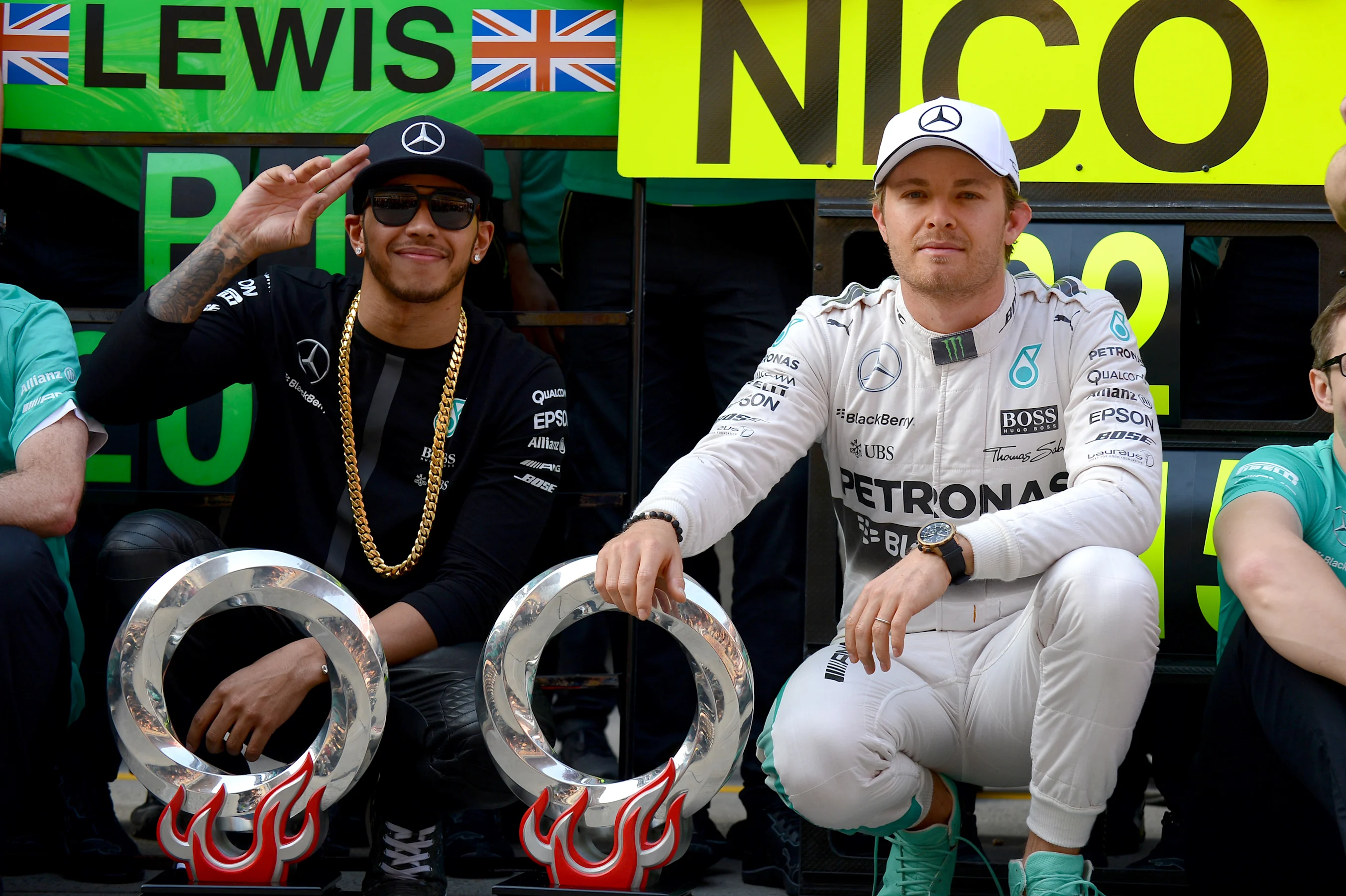 Lewis Hamilton (GBR) Mercedes AMG F1 and Nico Rosberg (GER) Mercedes AMG F1 during the team
