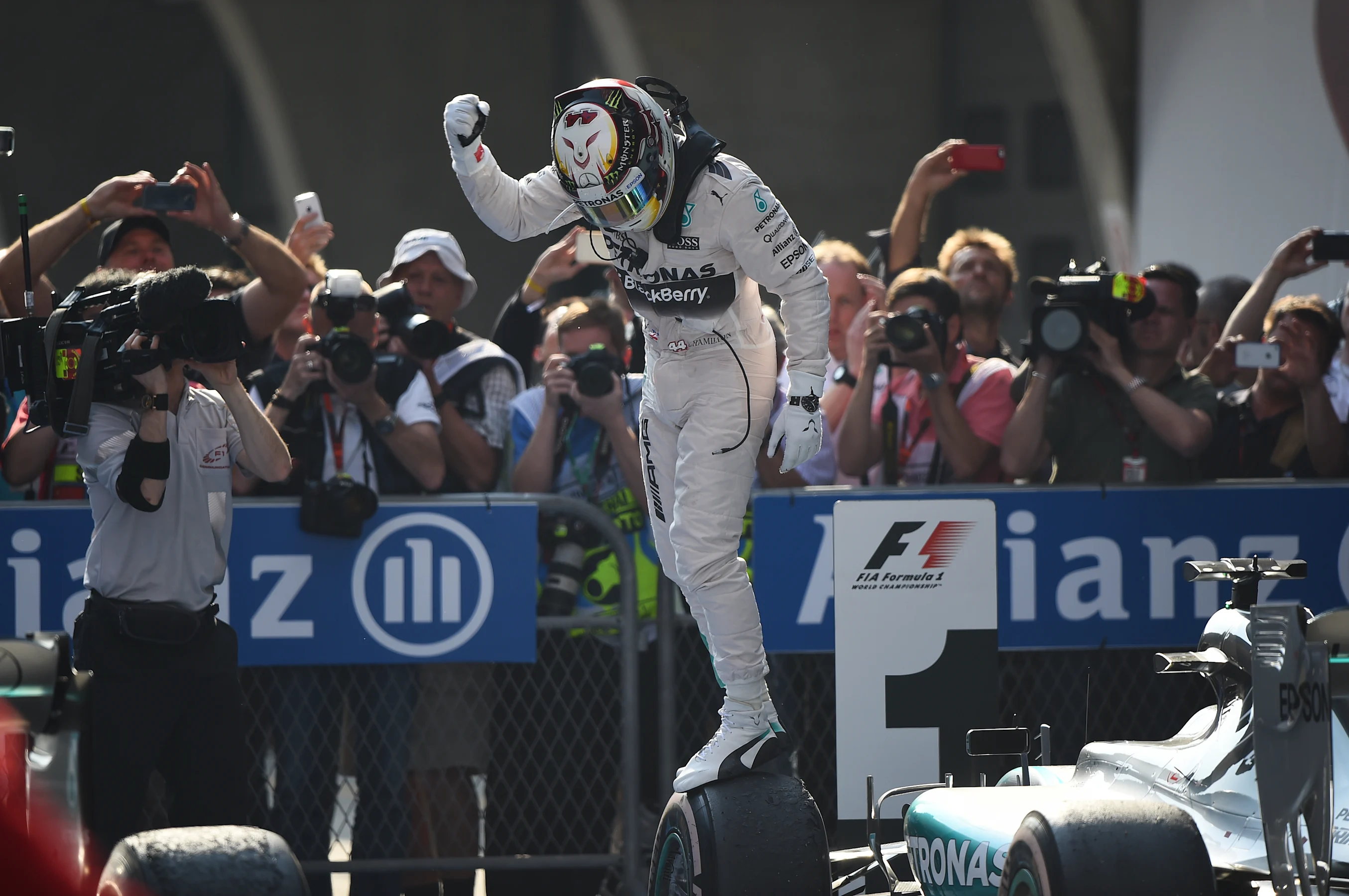 Lewis Hamilton (GBR) Mercedes AMG F1 celebrates in Parc Ferme at Formula One World Championship,