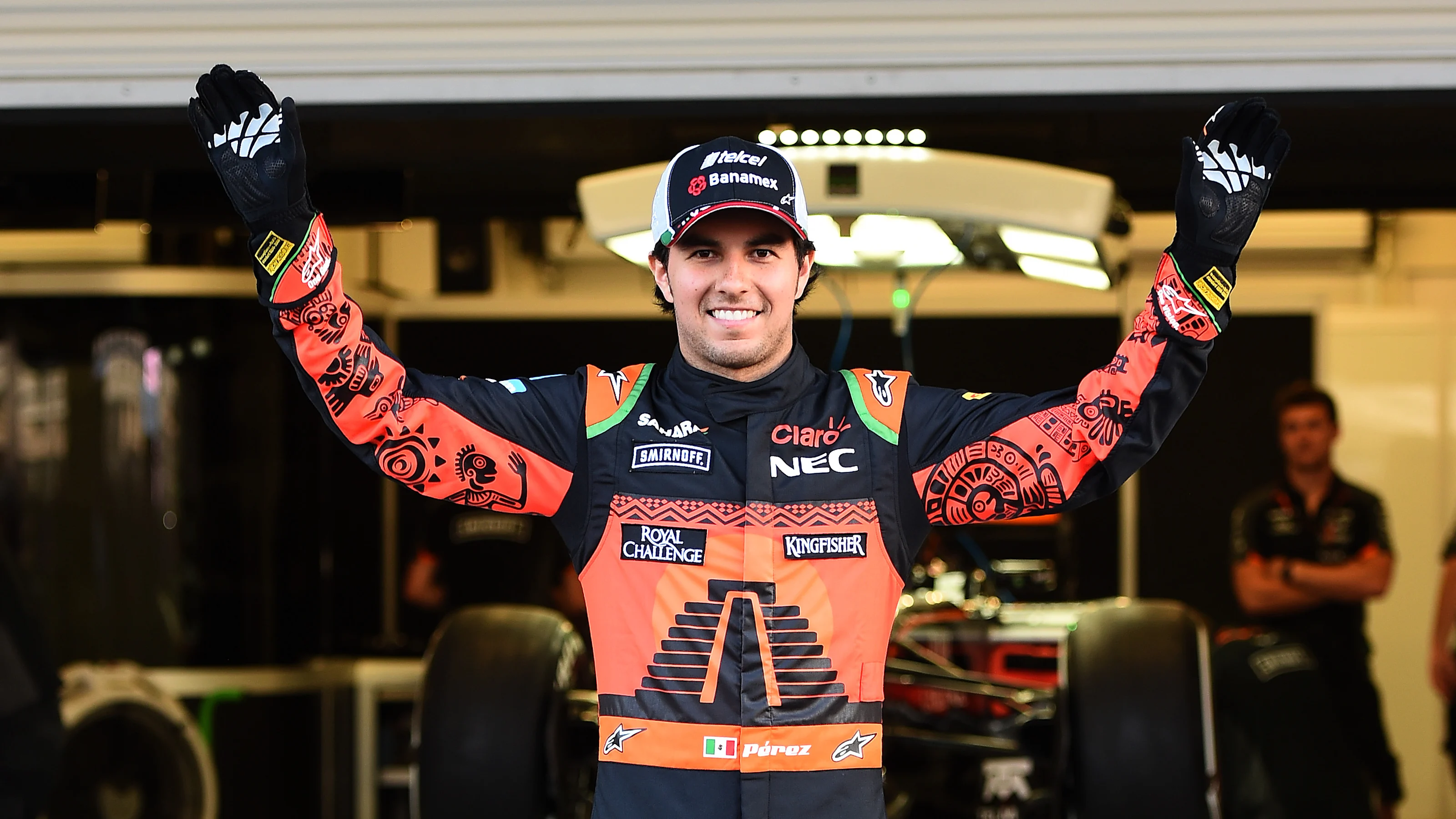 Sergio Perez (MEX) Force India with special edition, Mexican-themed Alpinestars racesuit at Formula