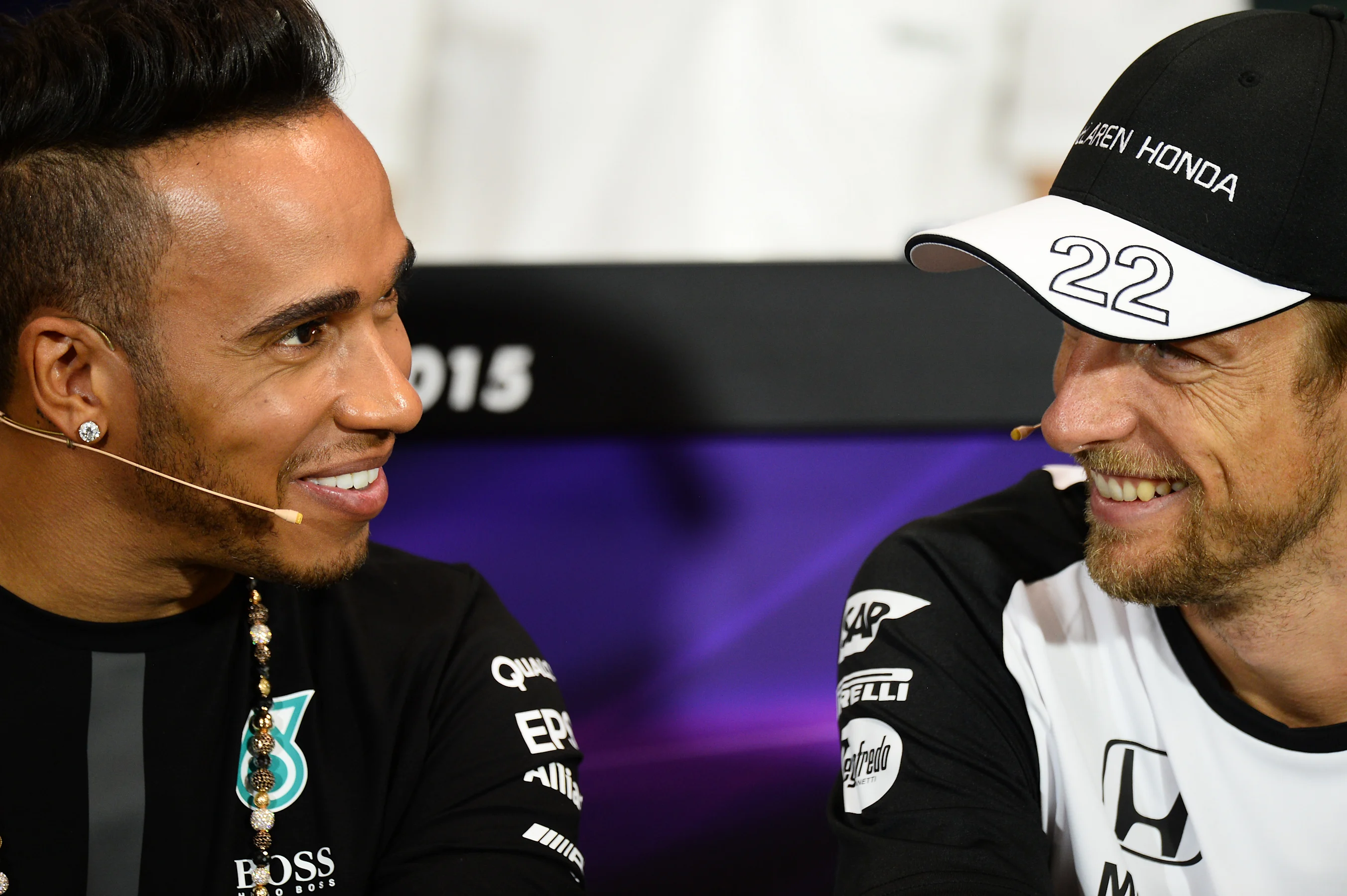 Lewis Hamilton (GBR) Mercedes AMG F1 and Jenson Button (GBR) McLaren at the Press Conference at