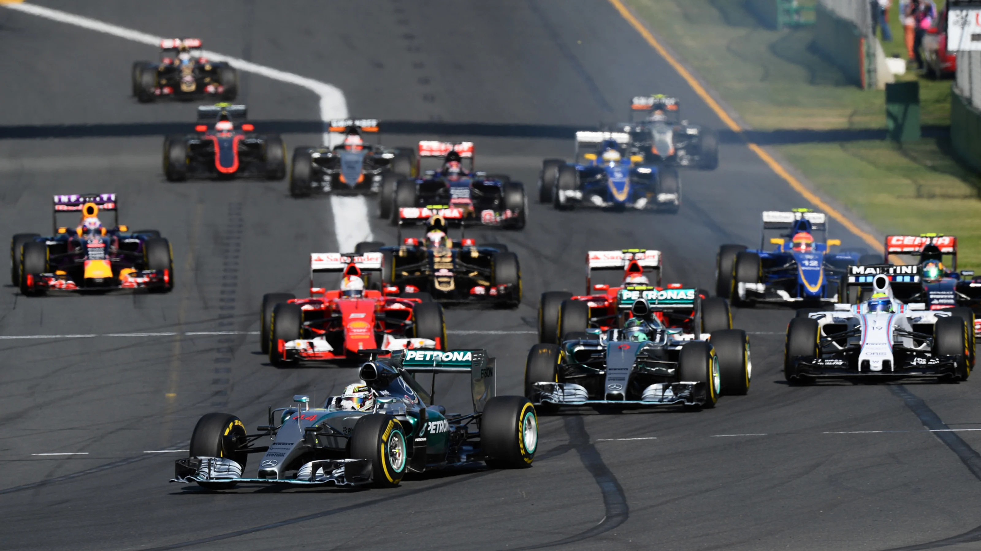 Lewis Hamilton (GBR) Mercedes AMG F1 W06 leads at the start of the race at Formula One World