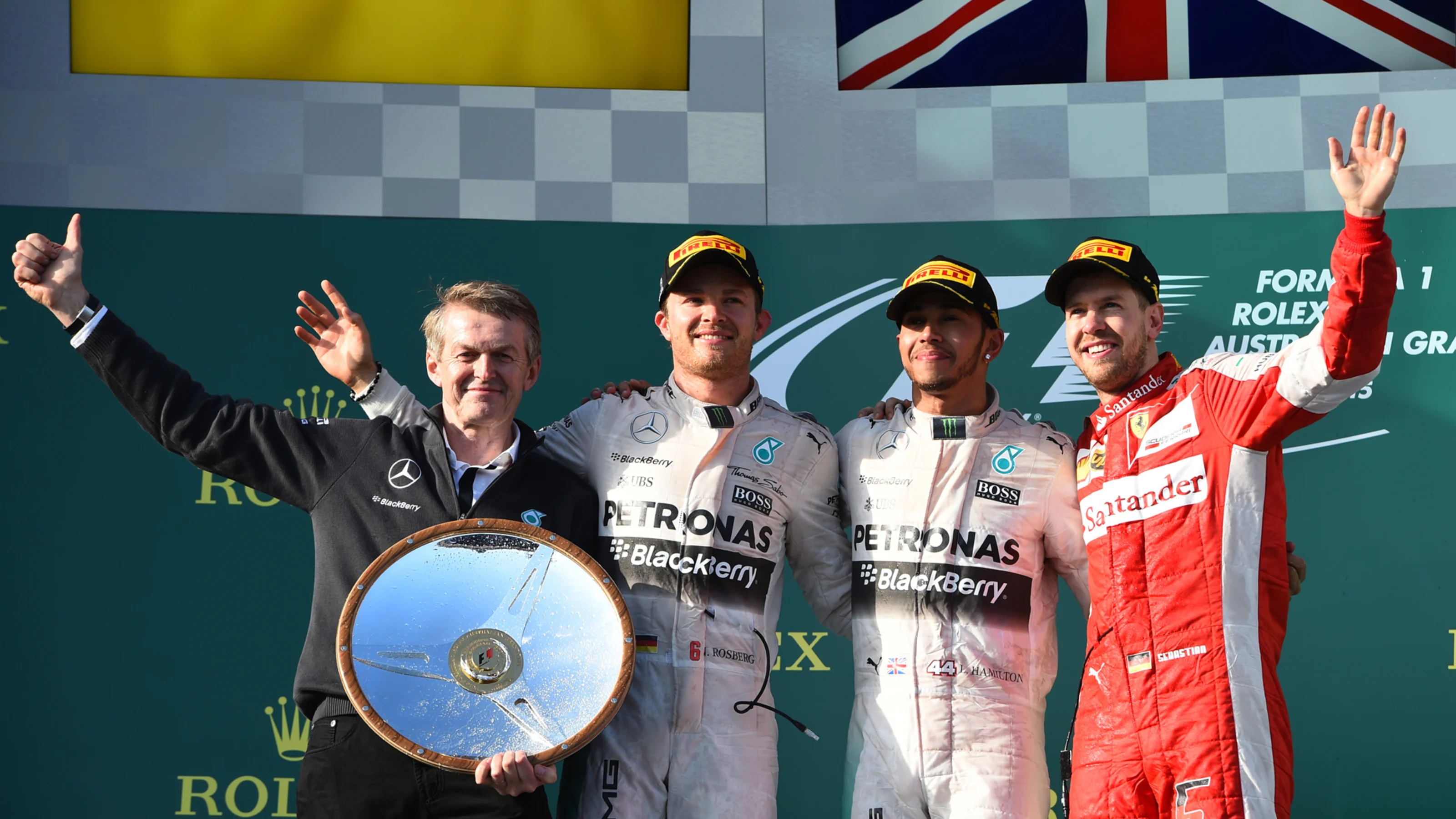 Podium (L to R): Dr. Thomas Weber (GER) Daimler AG, second placed Nico Rosberg (GER) Mercedes AMG