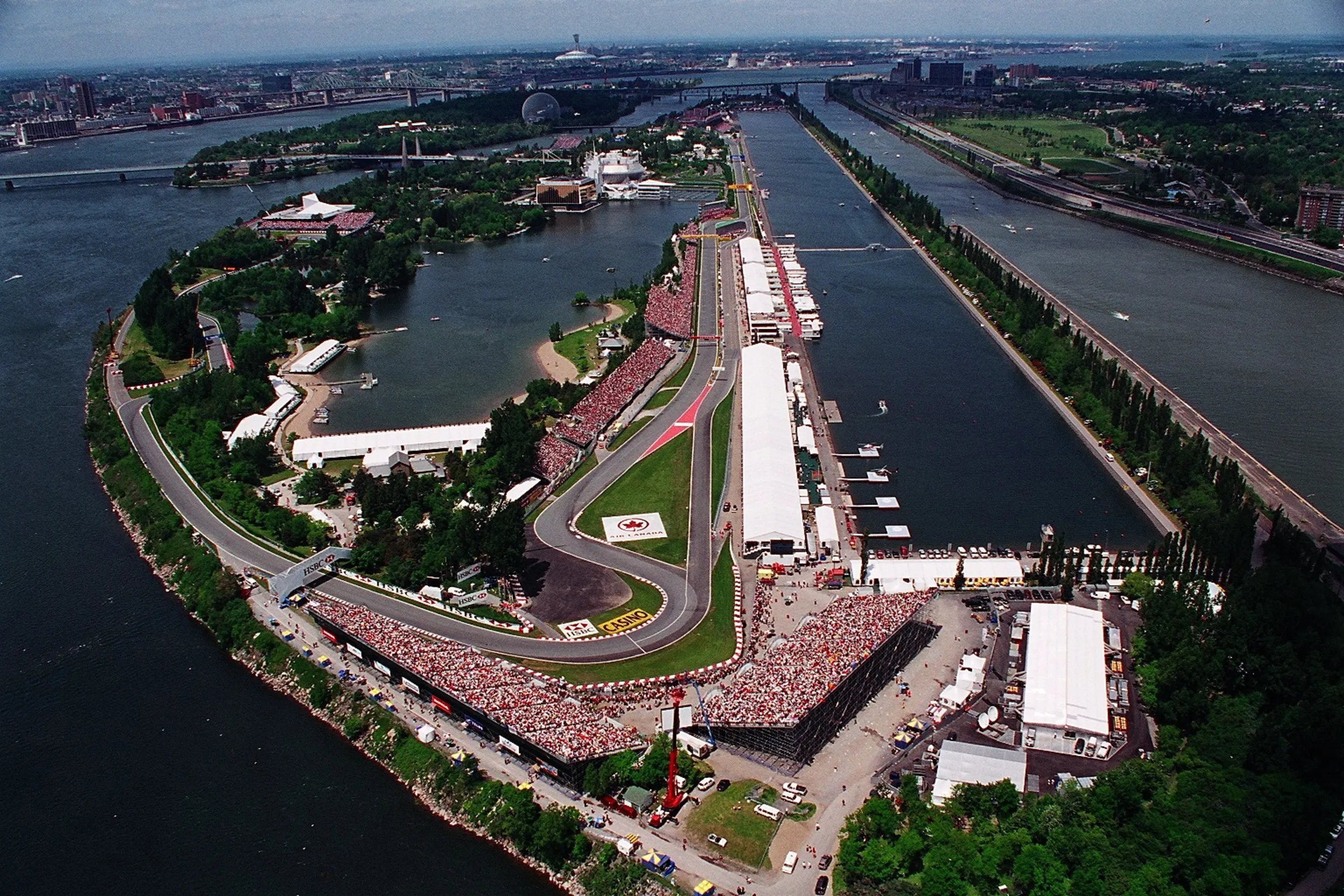 Aerial view over the Circuit Ile Notre Dame, situated on a man-made island in the centre of the St.