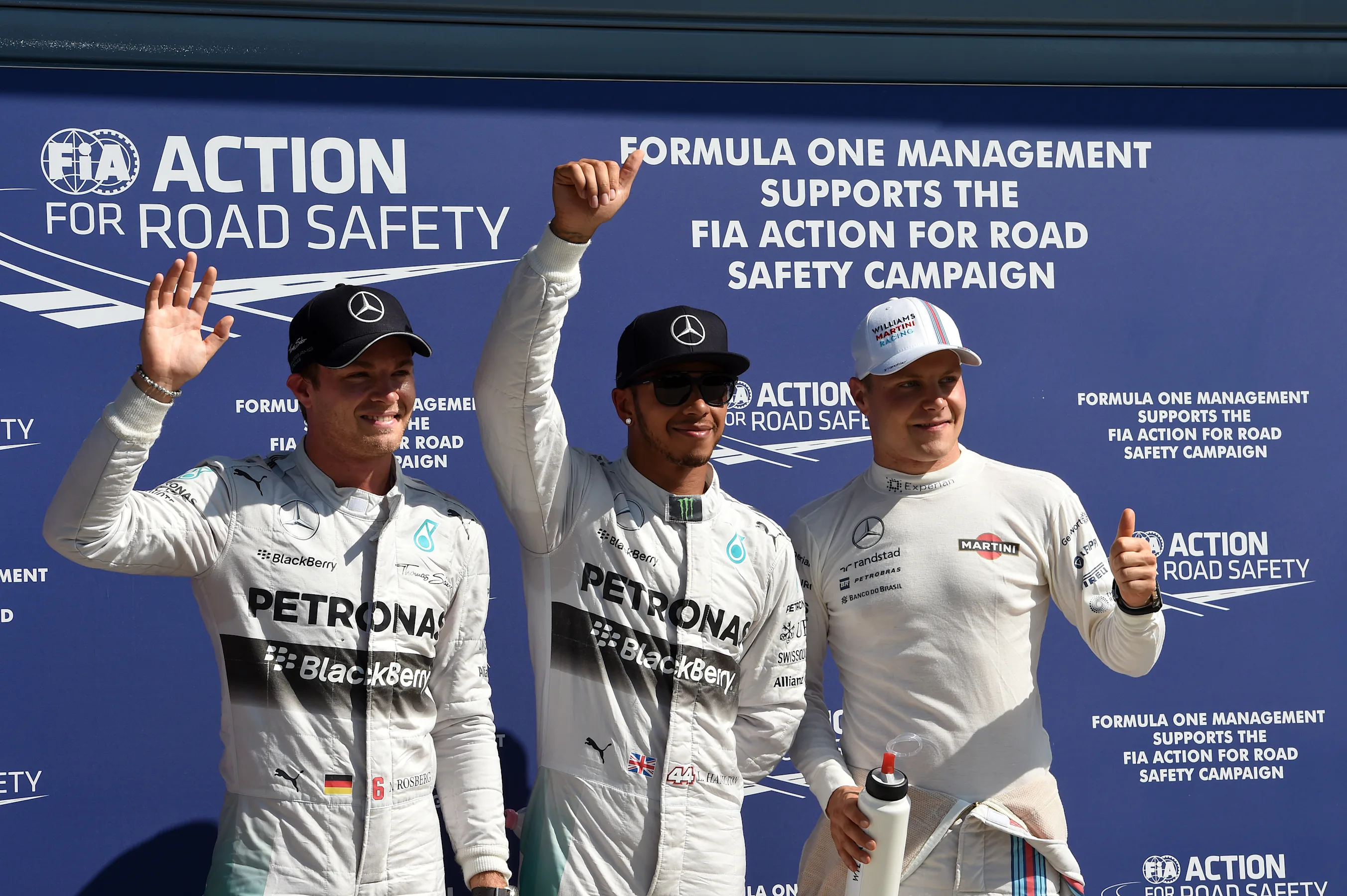 (L to R): Nico Rosberg (GER) Mercedes AMG F1, pole sitter Lewis Hamilton (GBR) Mercedes AMG F1 and