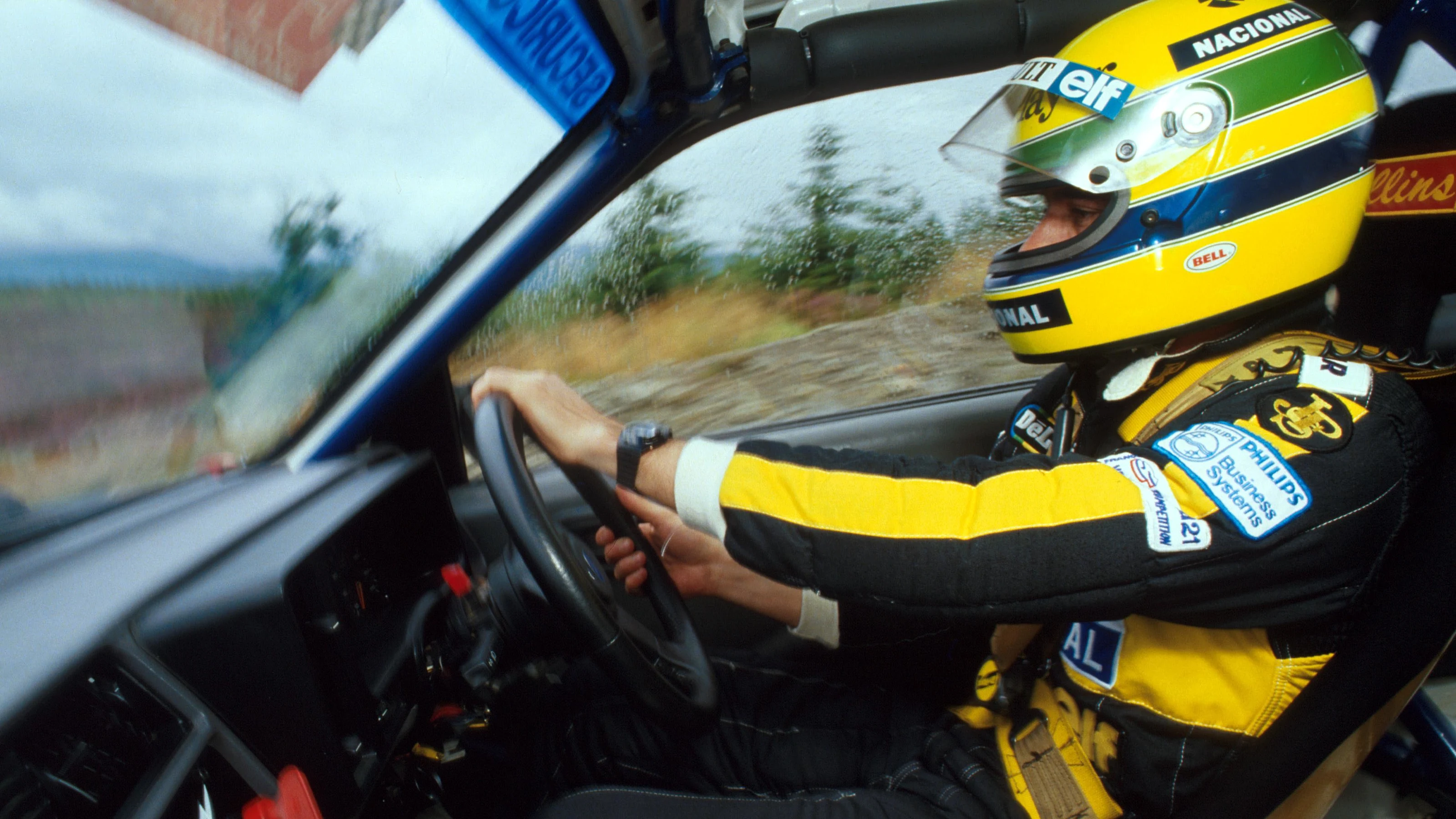 Ayrton Senna (BRA) tries his hand at rallying a Ford Sierra for a Car and Car Conversions