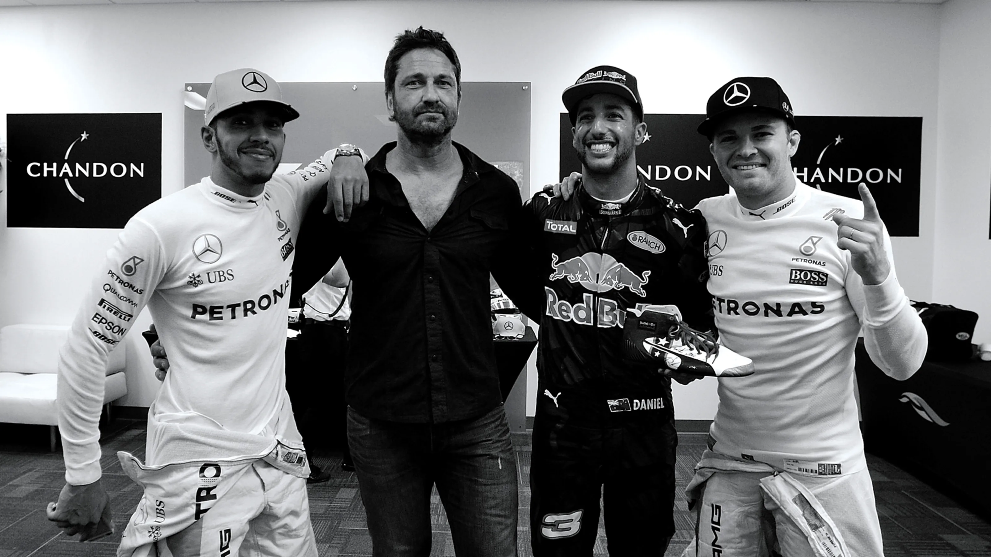 (L to R) Podium finishers Lewis Hamilton, 1st, Mercedes; Daniel Ricciardo, 3rd, Red Bull; Nico