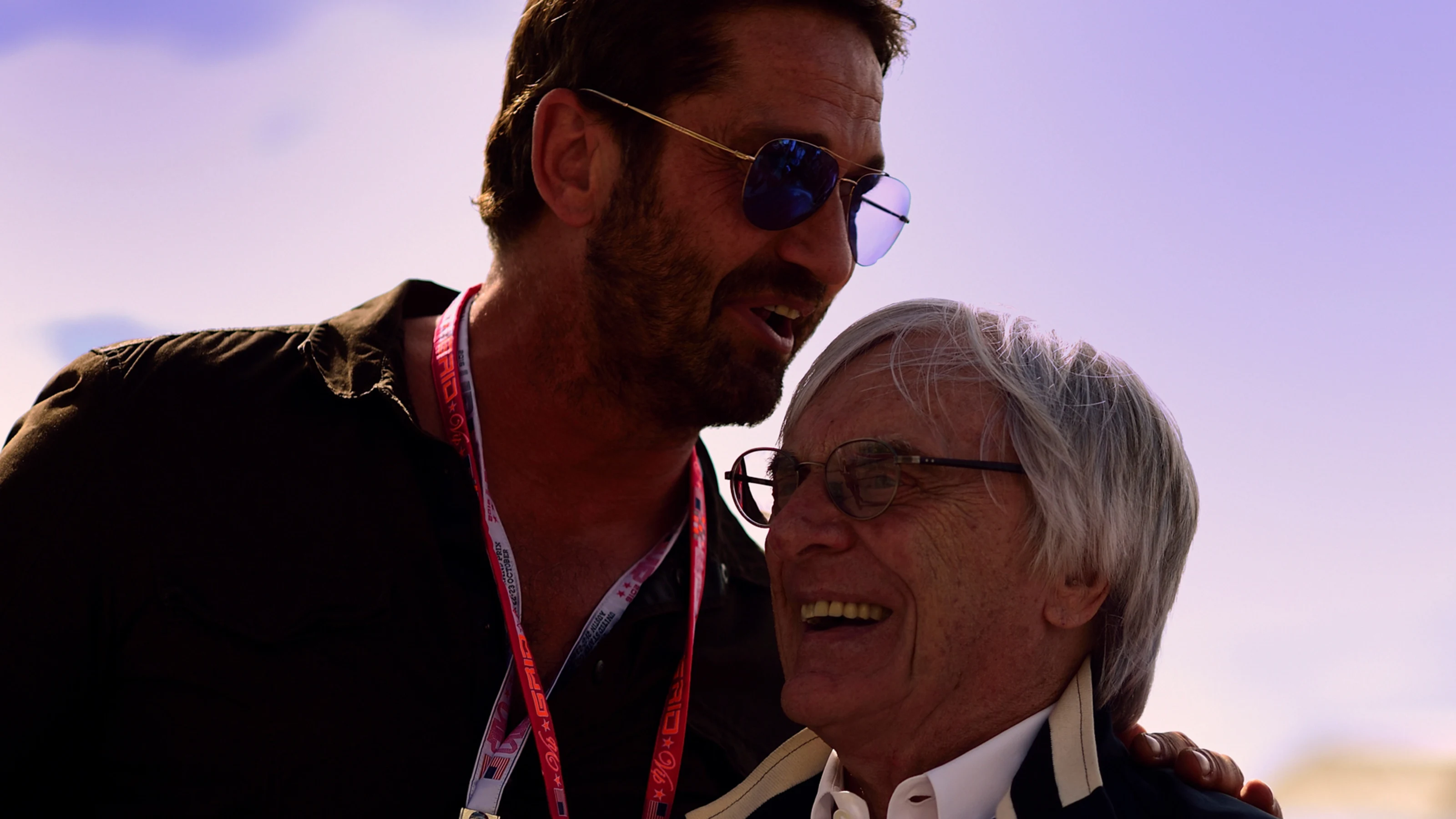 Actor Gerard Butler with Formula One group CEO Bernie Ecclestone, 2016 Formula 1 United States