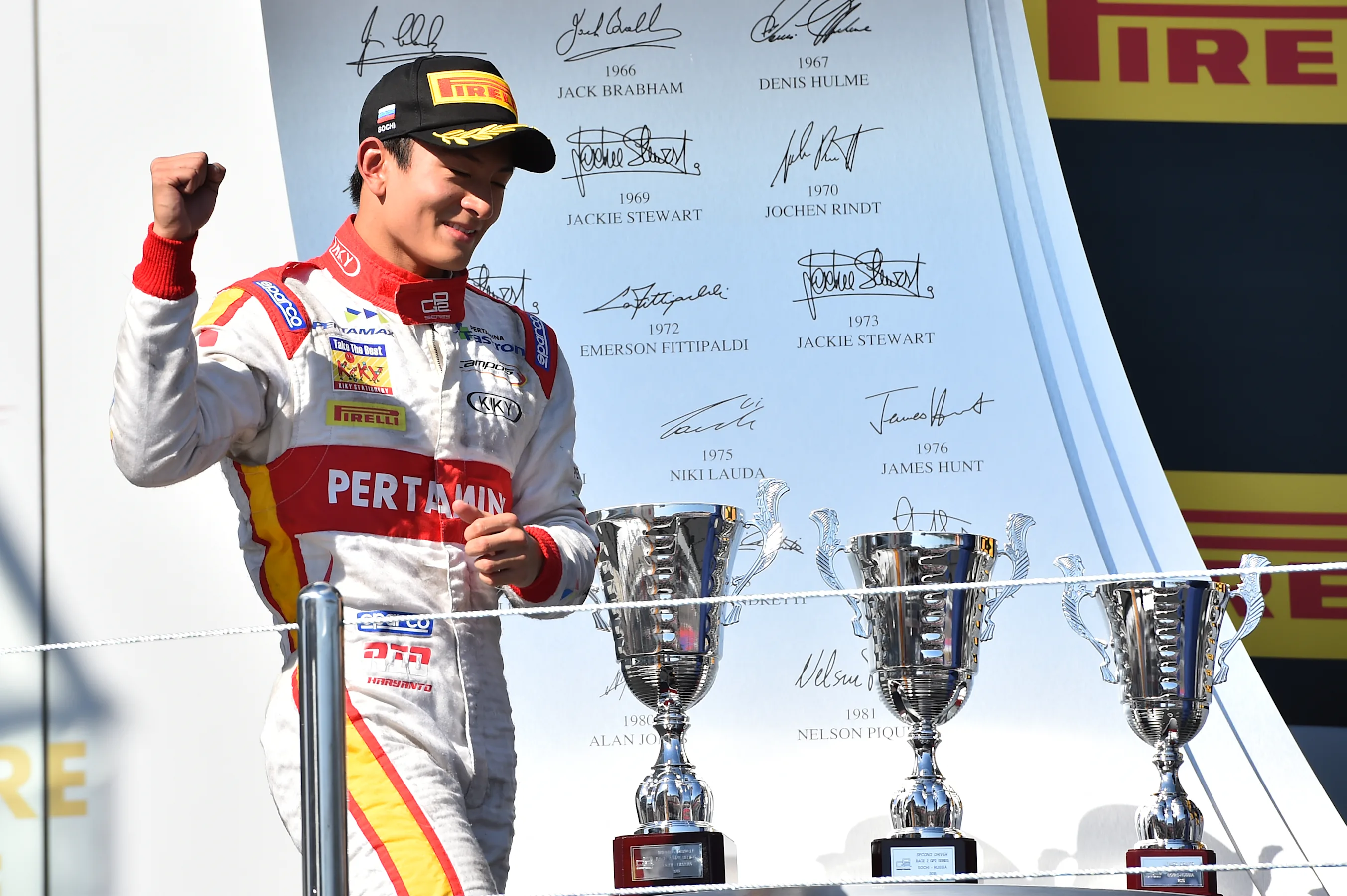 Second placed Rio Haryanto (INA) Campos Racing celebrates on the podium at GP2 Series, Rd9, Sochi