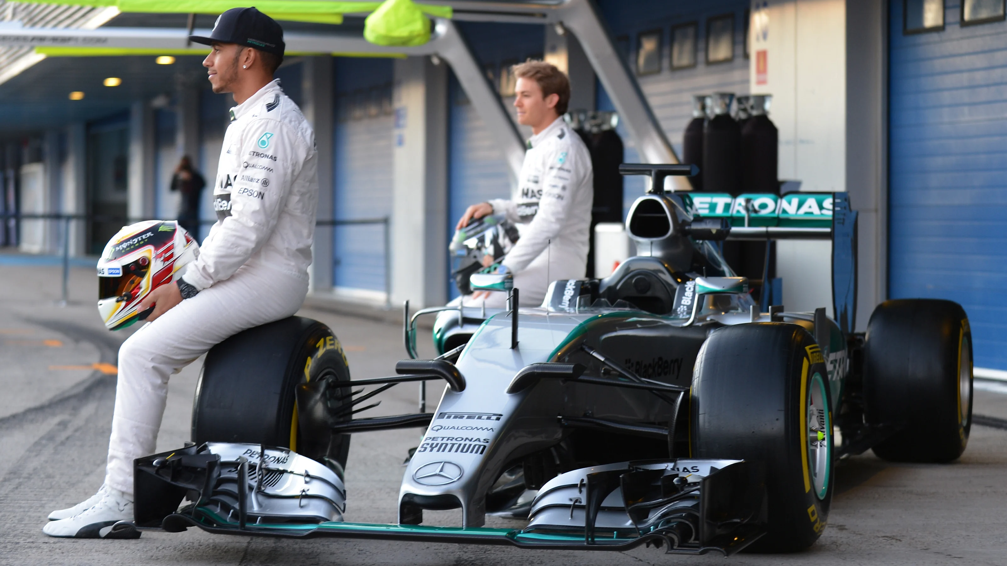 Lewis Hamilton (GBR) Mercedes AMG F1 and Nico Rosberg (GER) Mercedes AMG F1 with the new Mercedes