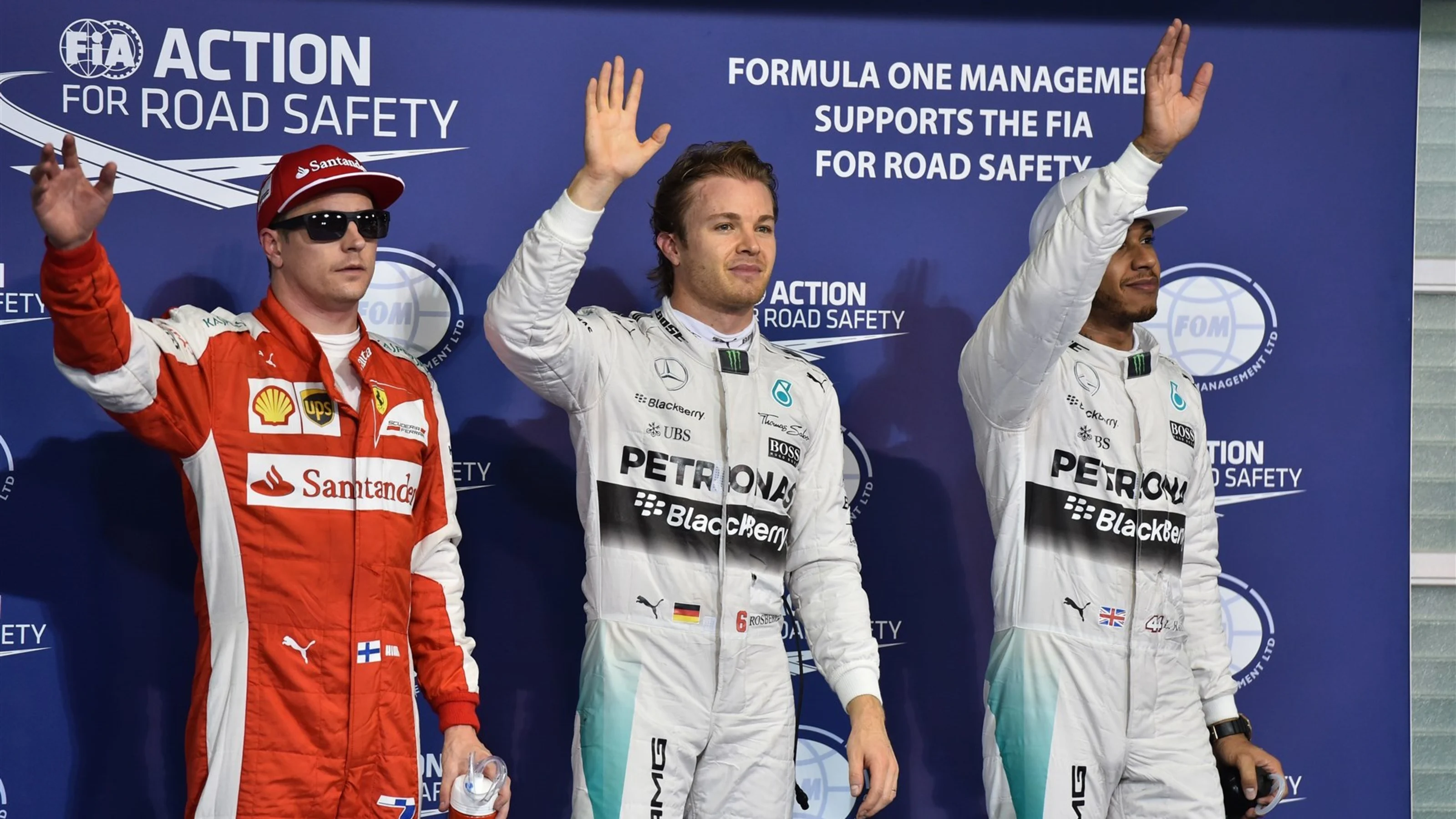 (L to R): Kimi Raikkonen (FIN) Ferrari, Pole sitter Nico Rosberg (GER) Mercedes AMG F1 and Lewis