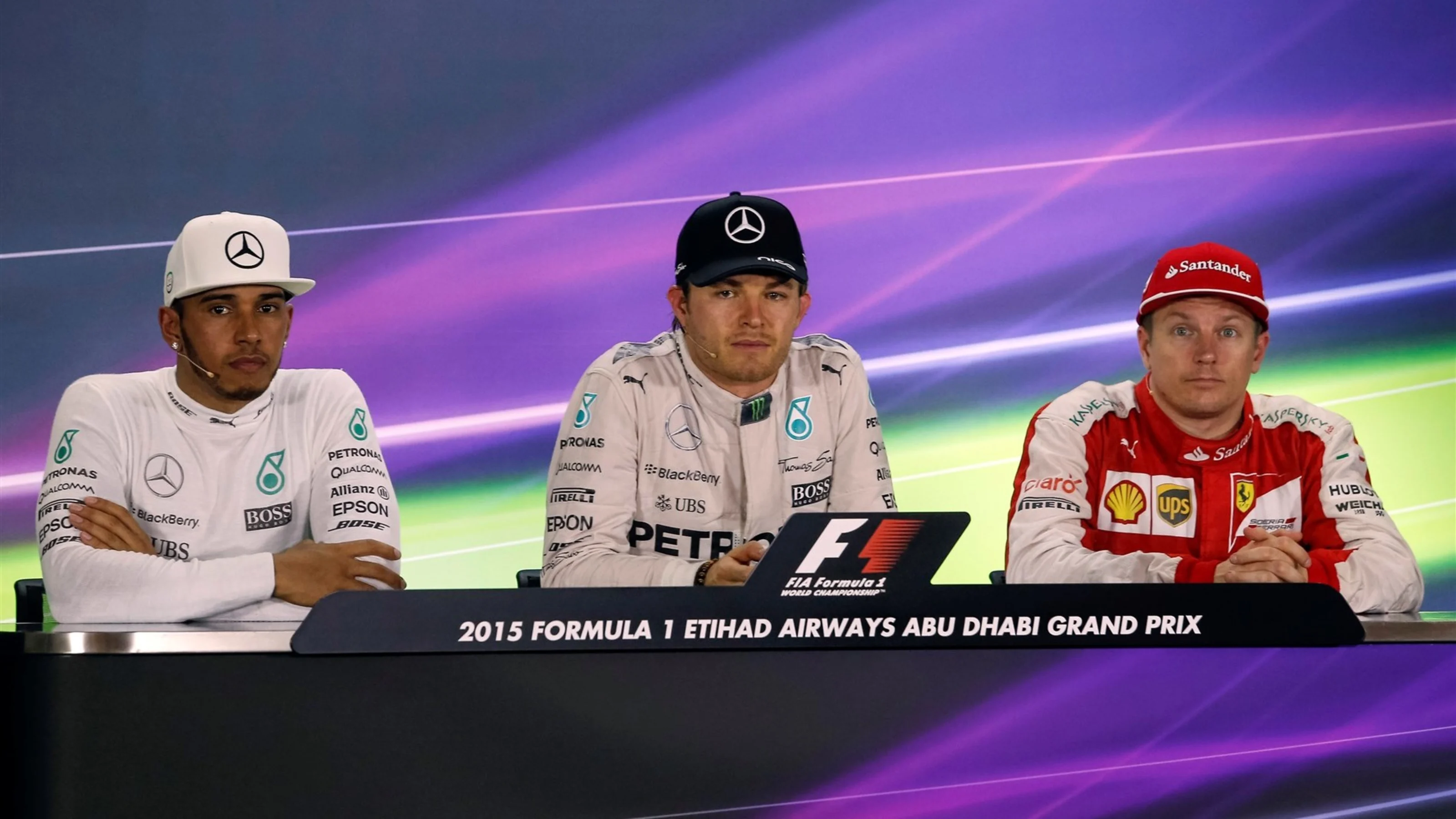 (L to R): Lewis Hamilton (GBR) Mercedes AMG F1, Nico Rosberg (GER) Mercedes AMG F1 and Kimi