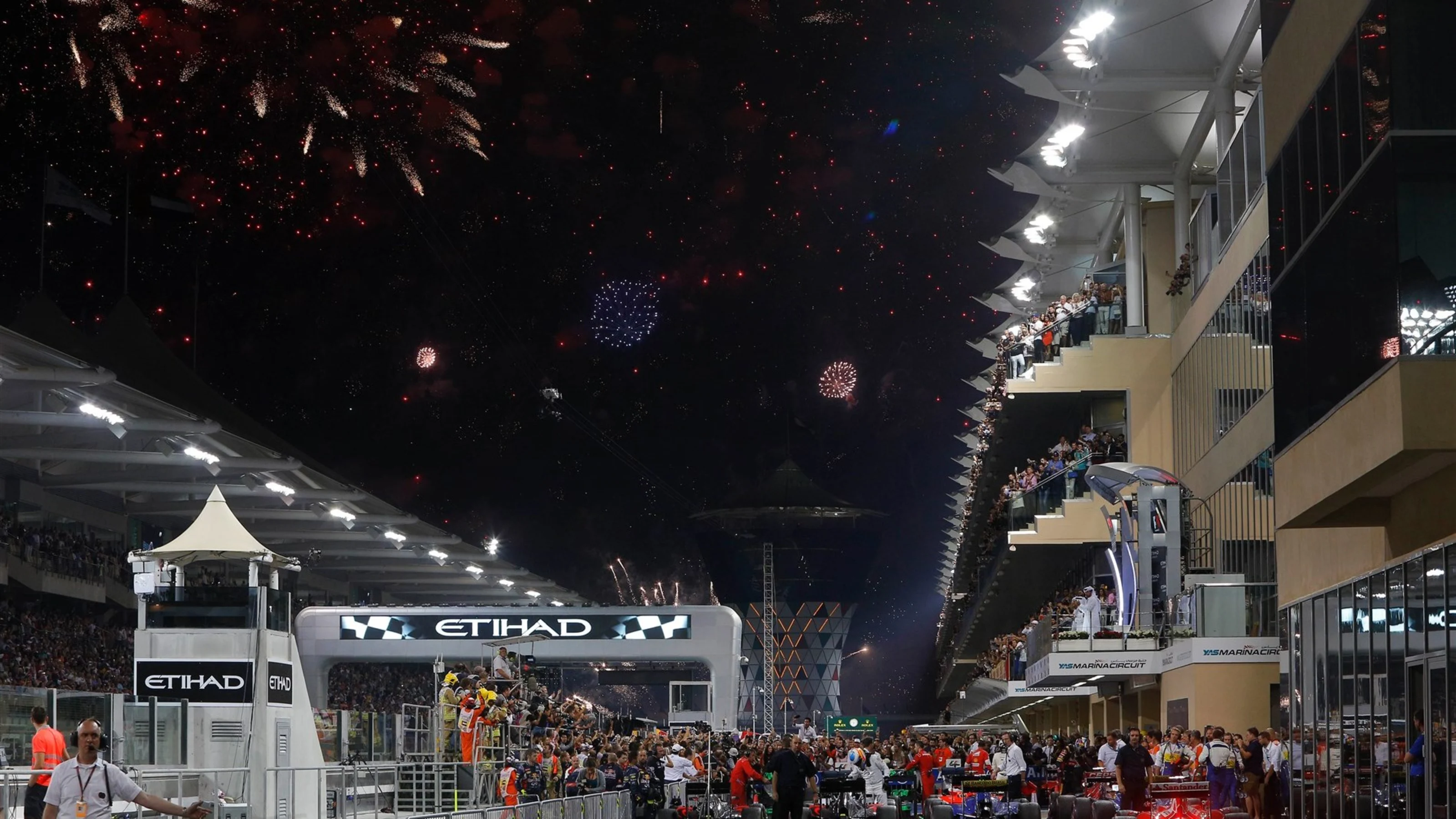 Fireworks over parc ferme at Formula One World Championship, Rd19, Abu Dhabi Grand Prix, Race, Yas