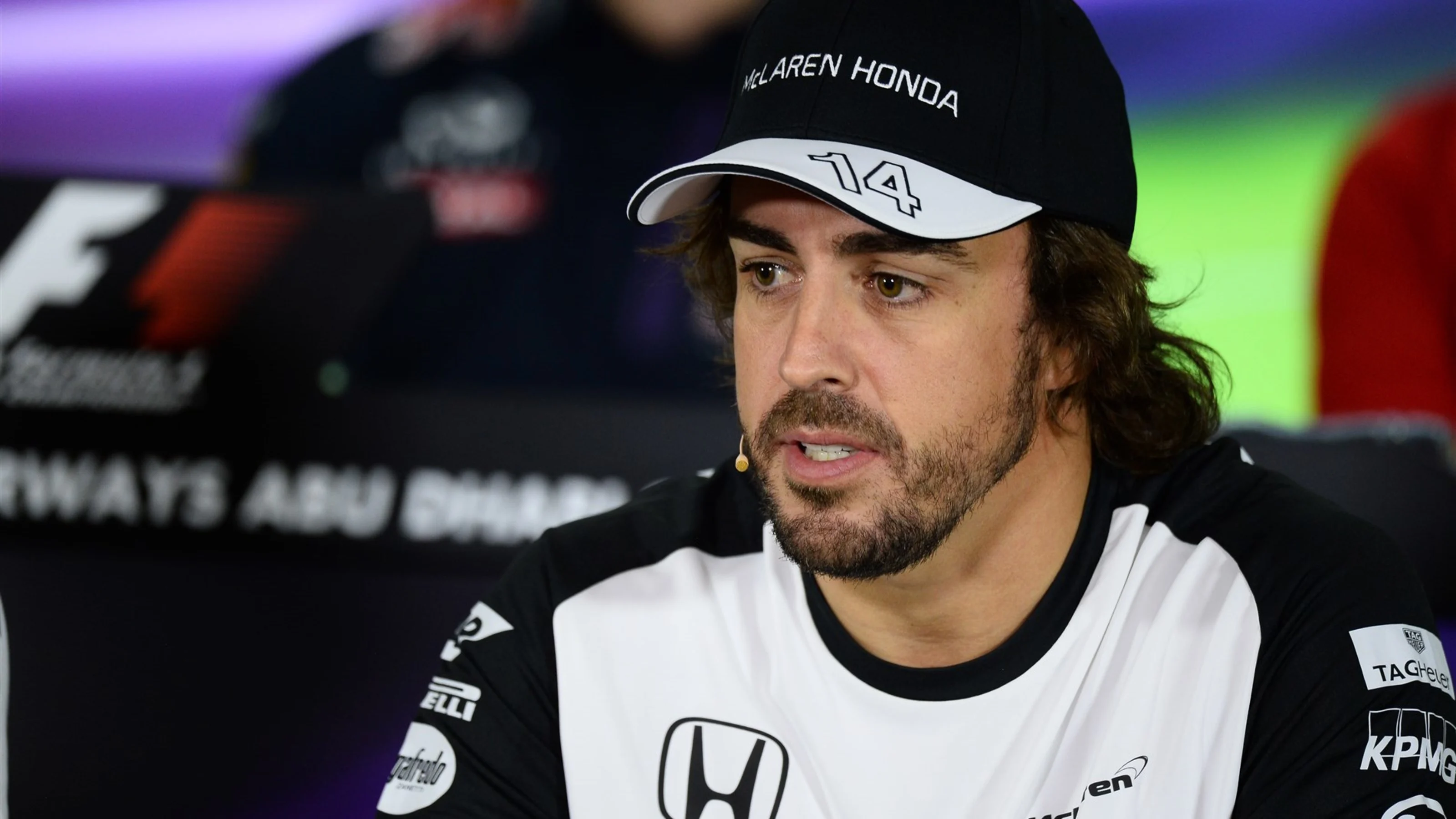Fernando Alonso (ESP) McLaren in the press conference at Formula One World Championship, Rd19, Abu