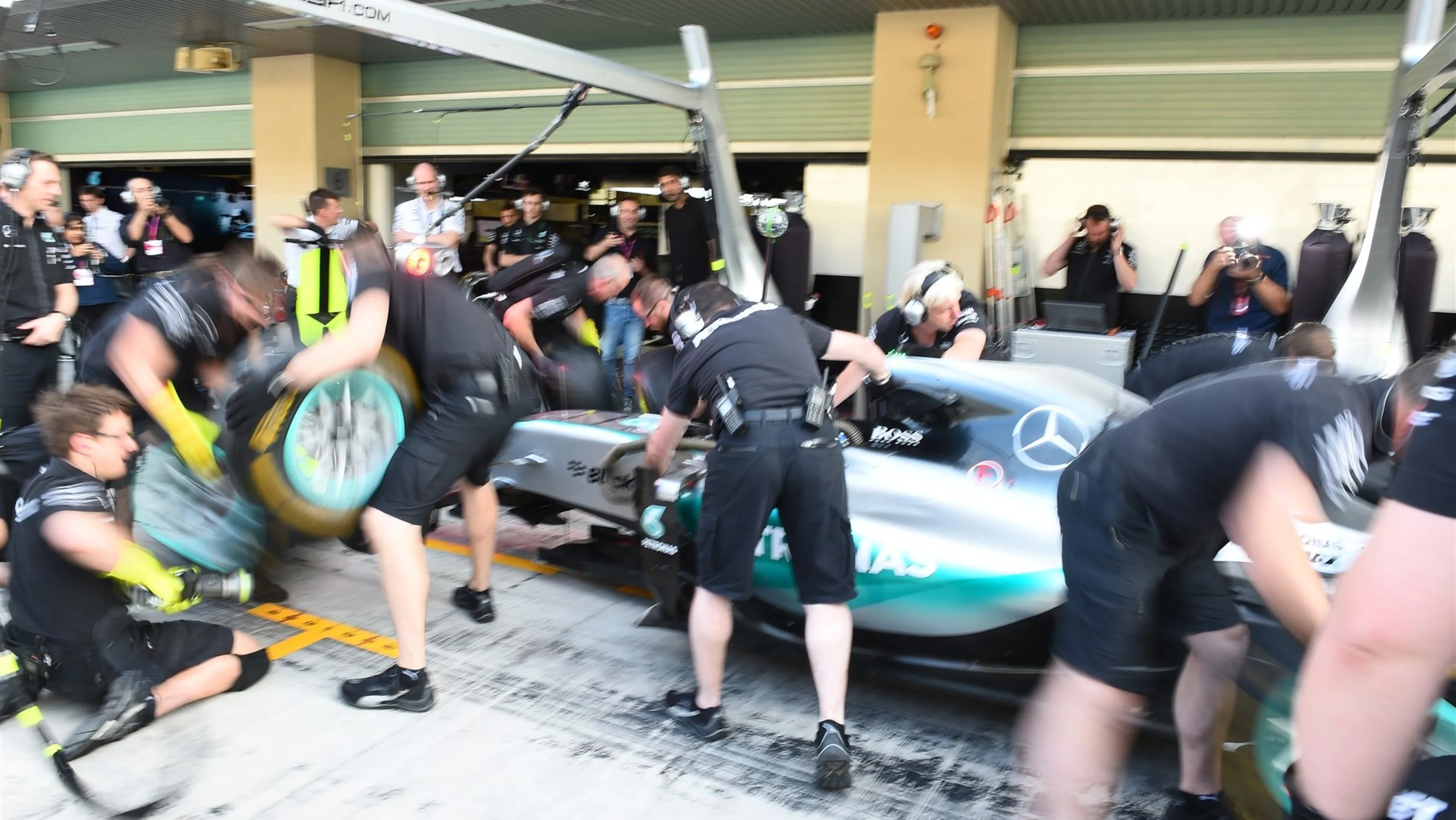 Mercedes AMG F1 practice pit stops at Formula One World Championship, Rd19, Abu Dhabi Grand Prix,