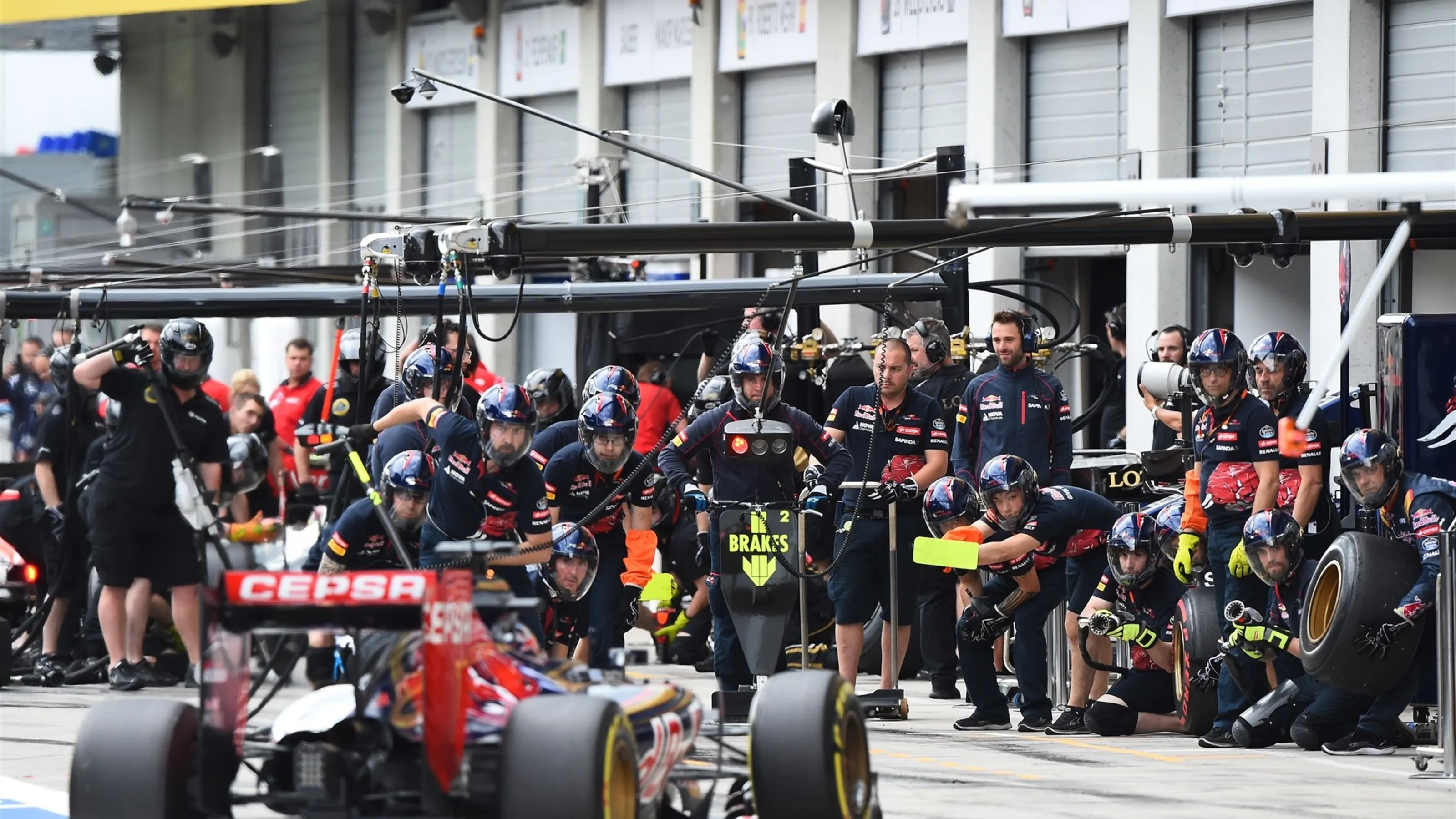 Max Verstappen (NDL) Scuderia Toro Rosso STR10 pit stop at Formula One World Championship, Rd8,