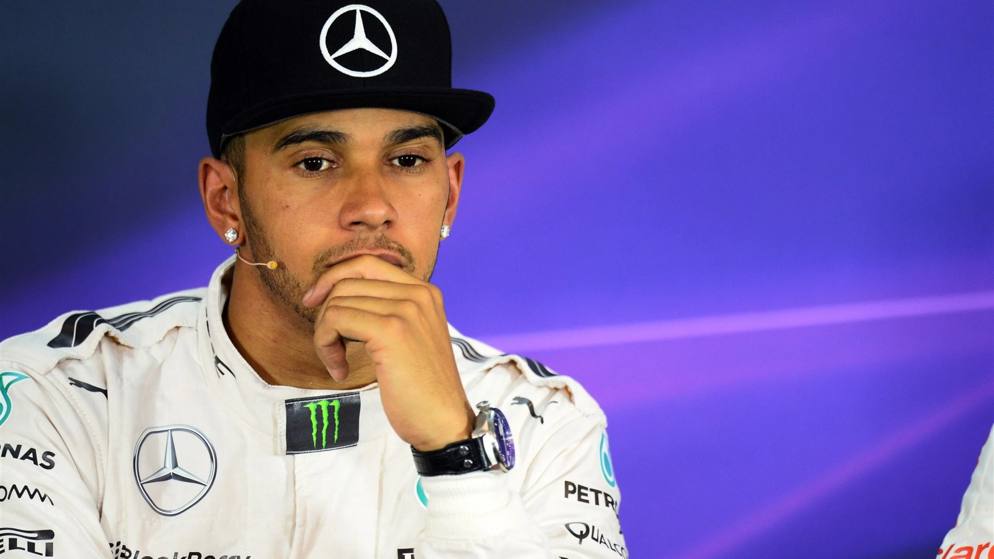 Lewis Hamilton (GBR) Mercedes AMG F1 during the Qualifying Press Conference at Formula One World